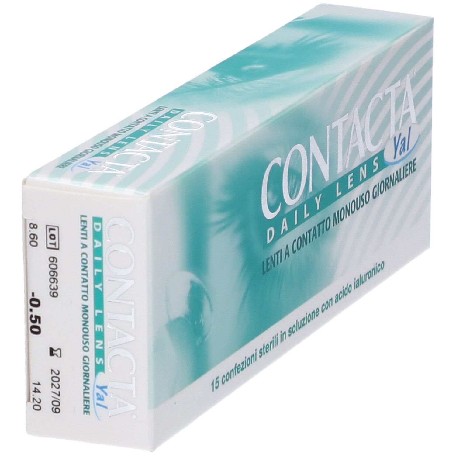 Confezione lenti a contatto. Scritta CONTACTA DAILY LENS Yal. -0,50. Numero lotto e scadenza.