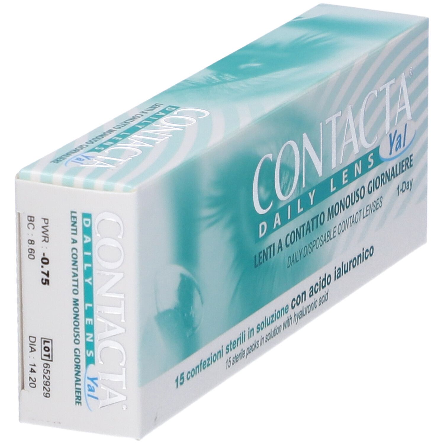 Confezione di lenti a contatto. Scritta: CONTACTA DAILY LENS Yal. 15 confezioni sterili.