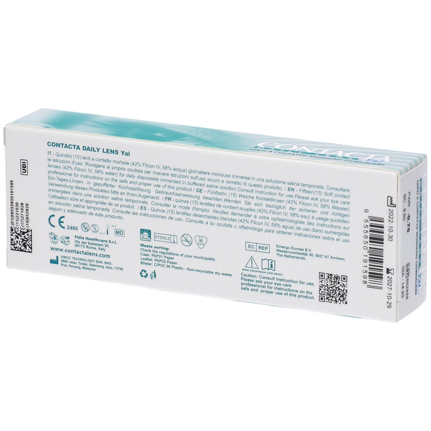 Retro della confezione di lenti a contatto. Testo, codice QR, marchio CE.