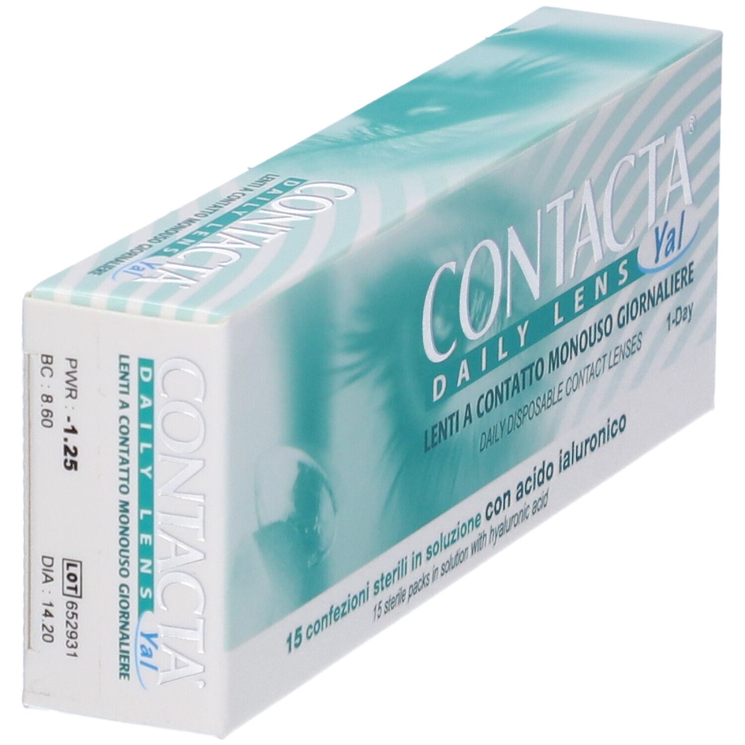 Confezione di lenti a contatto. Scritta: CONTACTA DAILY LENS Yal. 15 confezioni sterili in soluzione con acido ialuronico. PWR -1.25.