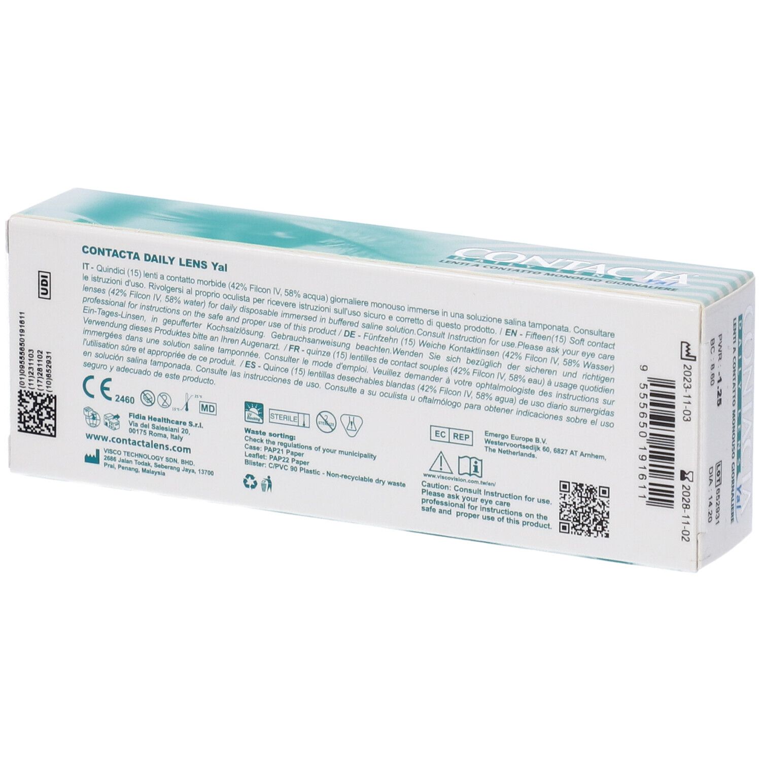 Retro della confezione di lenti a contatto. Testo con informazioni sul prodotto, marchio CE, codice QR e simboli di riciclaggio.