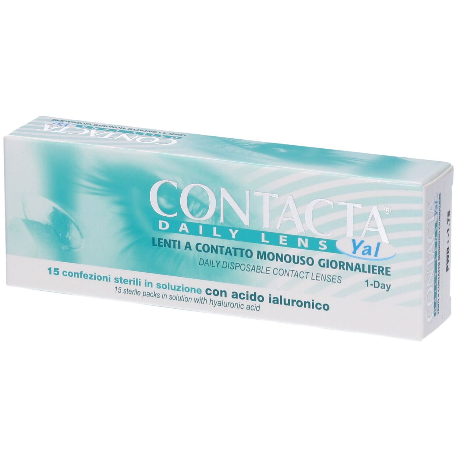 Confezione di lenti a contatto. Scritta CONTACTA DAILY LENS Yal. 15 confezioni sterili.
