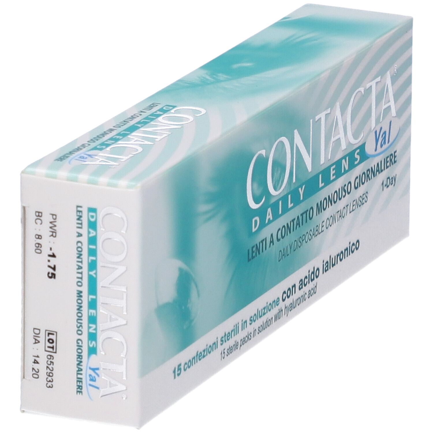 Confezione di lenti a contatto. Scritta CONTACTA DAILY LENS Yal. Dettagli: PWR -1.75, BC 8.60.