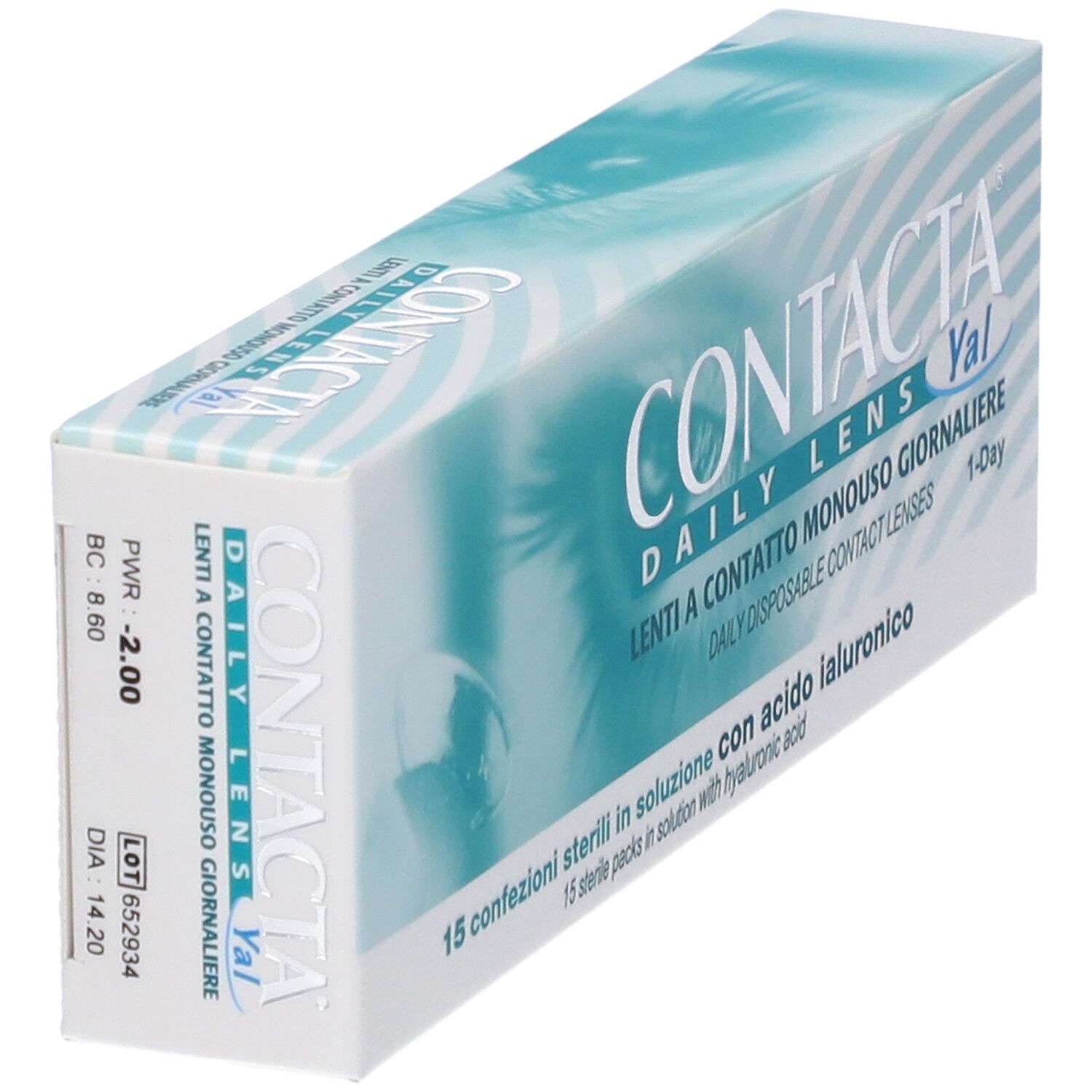 Confezione lenti a contatto. Scritta CONTACTA DAILY LENS Yal. Dettagli: -2.00, BC 8.60, DIA 14.20.