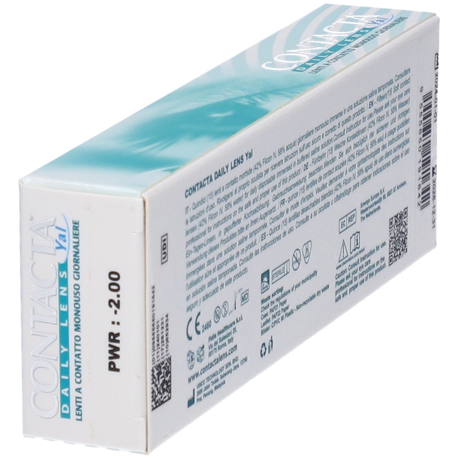 Confezione lenti a contatto. Scritta CONTACTA DAILY LENS Yal. PWR -2.00. Testo e loghi.