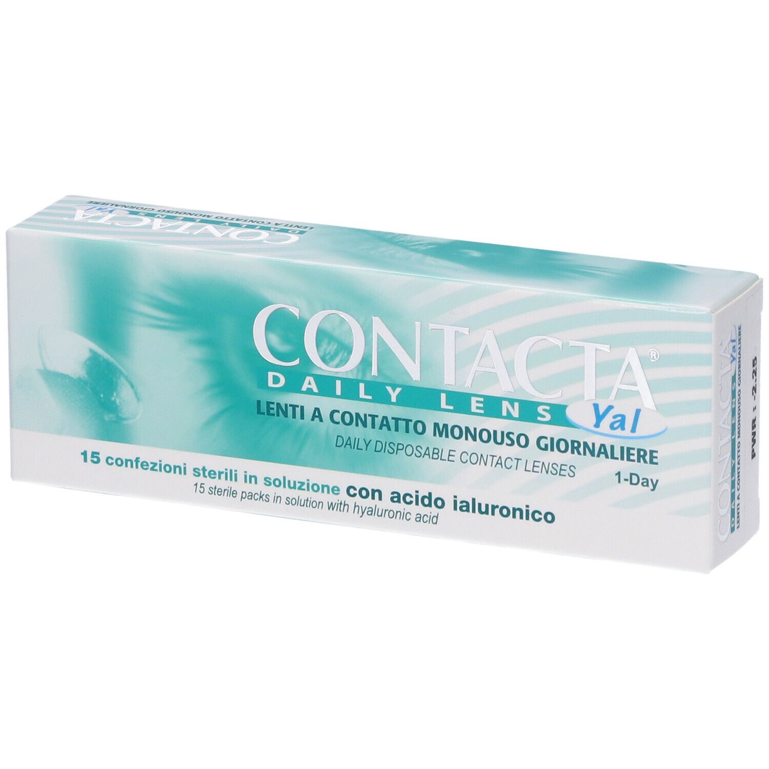 Confezione di lenti a contatto. Contacta Daily Lens Yal. 15 confezioni sterili. Con acido ialuronico. Bianco e turchese.