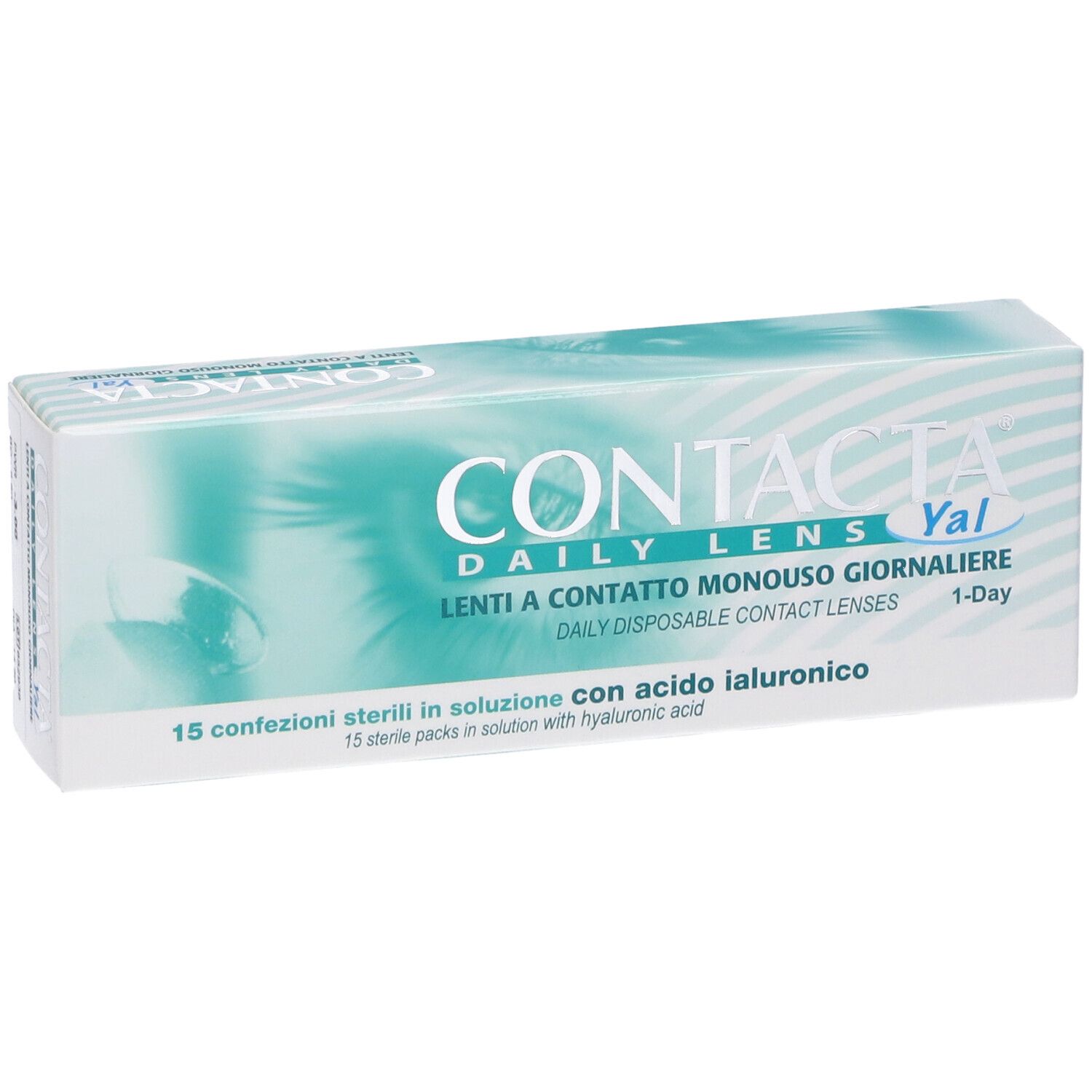 Confezione di lenti a contatto CONTACTA DAILY LENS Yal. 15 confezioni sterili. Scritta in italiano.