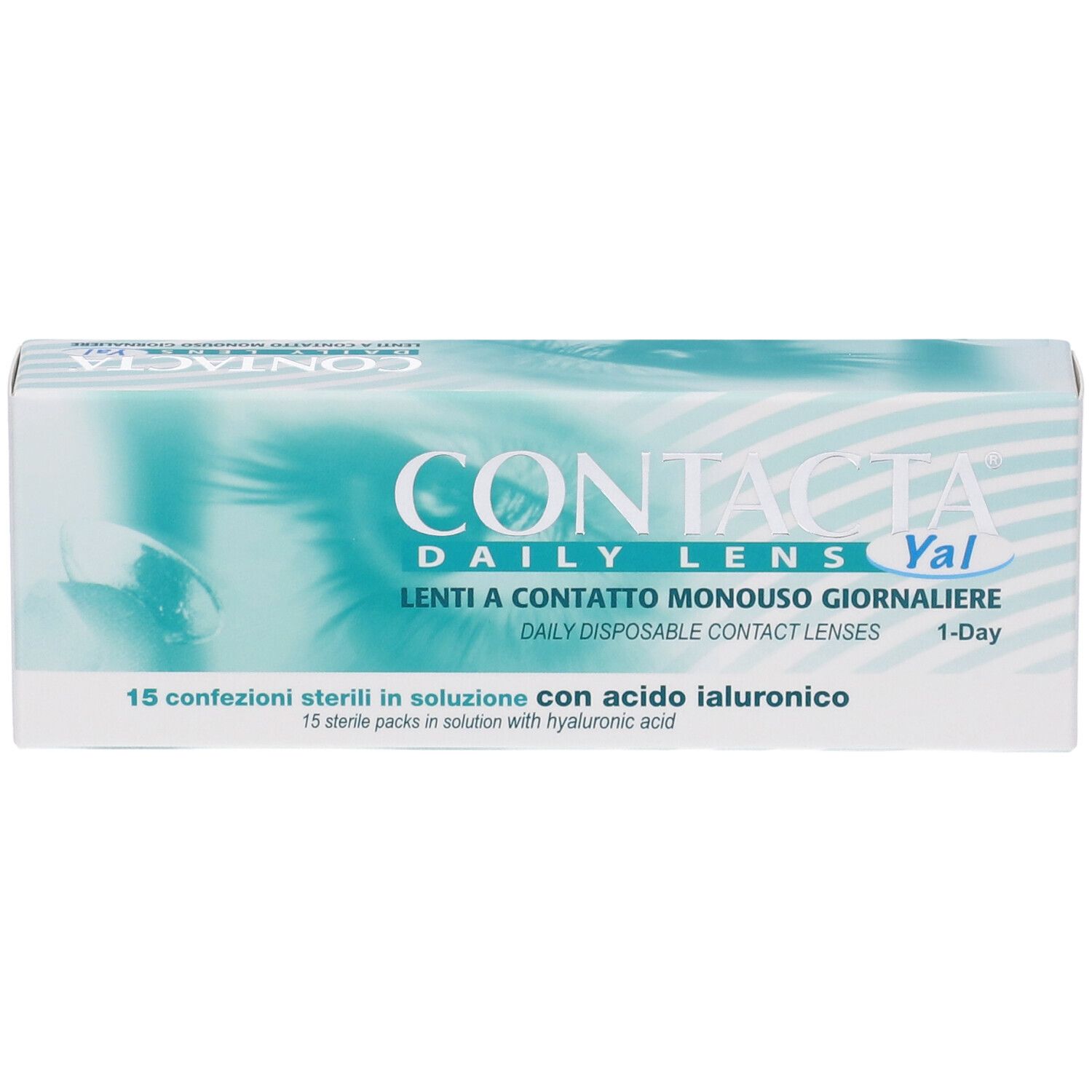 Confezione di lenti a contatto. Scritta: CONTACTA DAILY LENS Yal, Lenti a Contatto Monouso Giornaliere. 15 confezioni sterili.