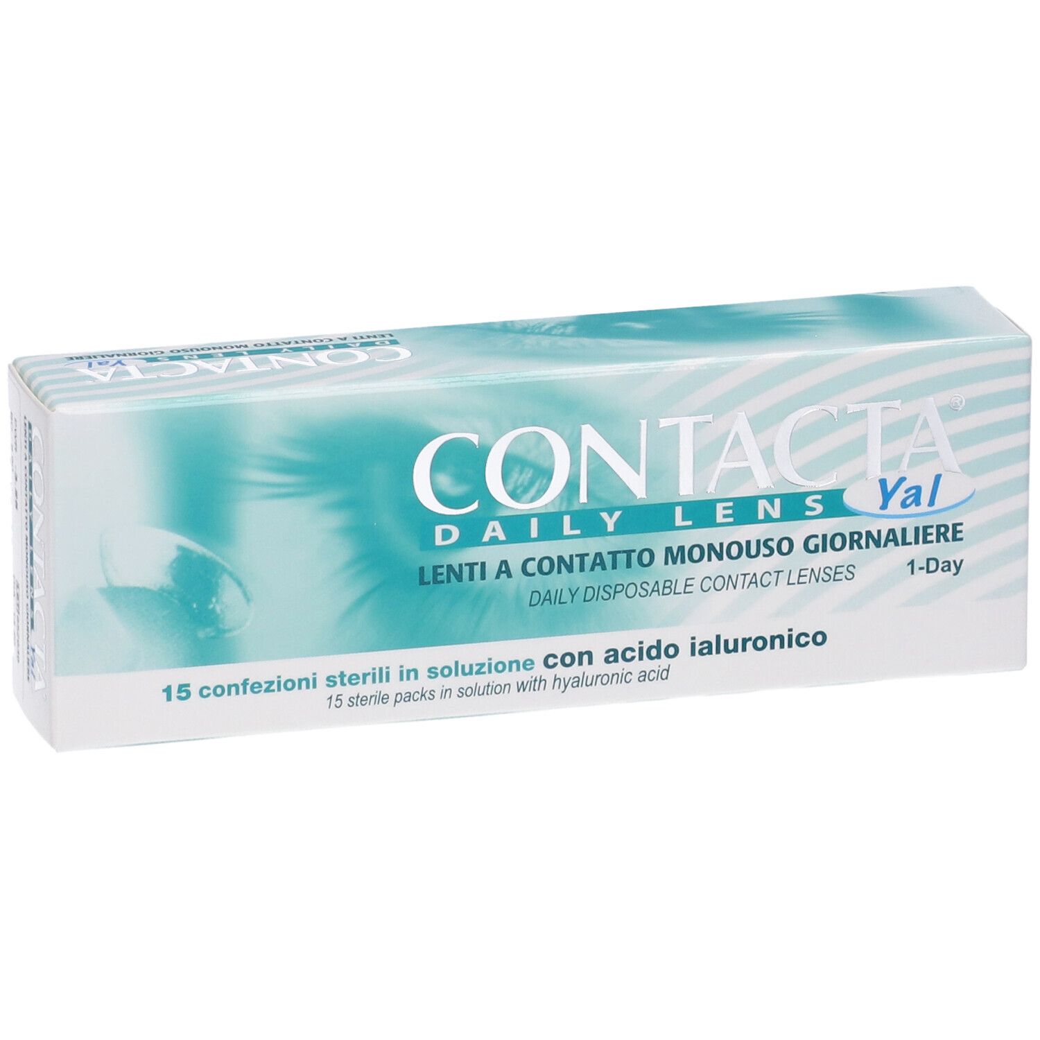 Confezione di lenti a contatto. Scritta: CONTACTA DAILY LENS Yal, Lenti a Contatto Monouso Giornaliere. 15 confezioni sterili.