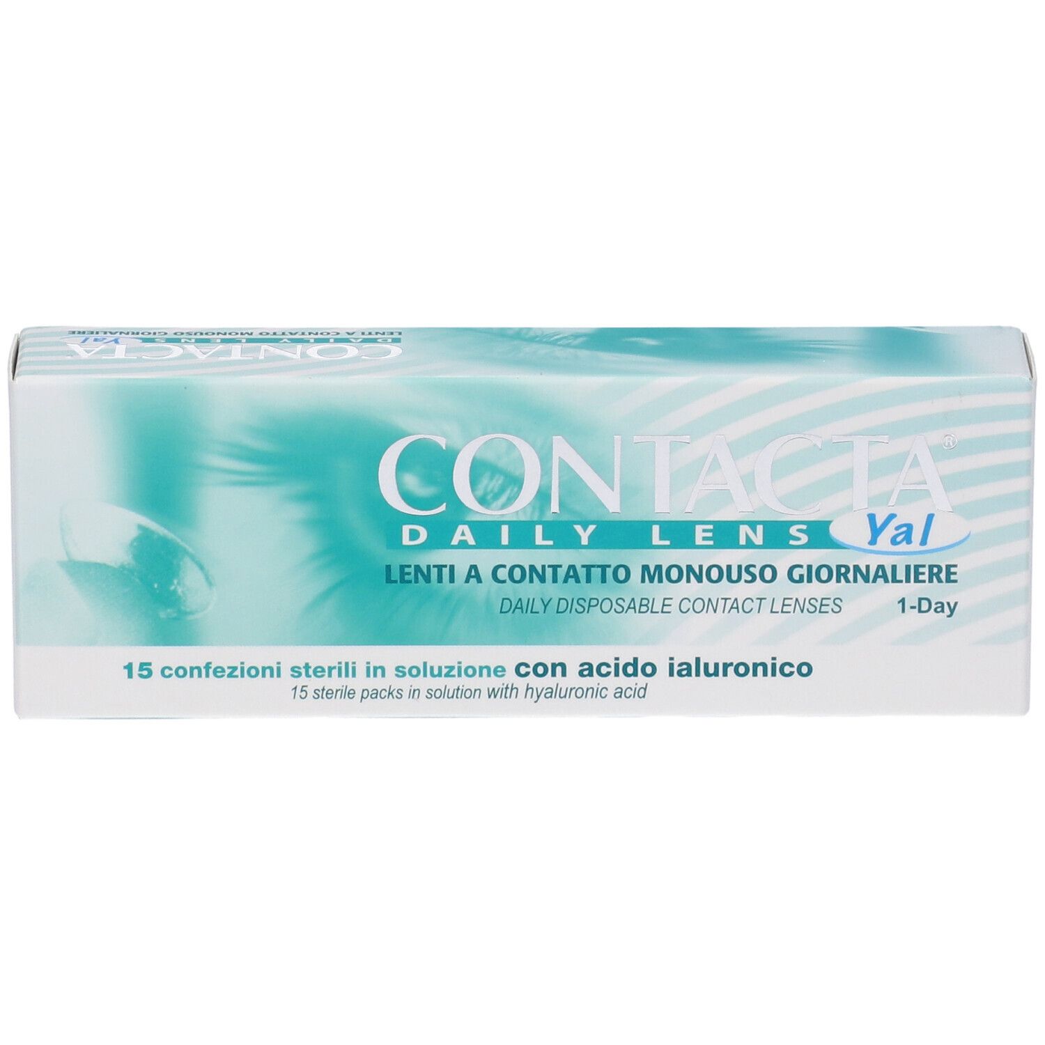 Confezione di lenti a contatto. Scritta: CONTACTA DAILY LENS Yal, Lenti a Contatto Monouso Giornaliere. 15 confezioni sterili con acido ialuronico.
