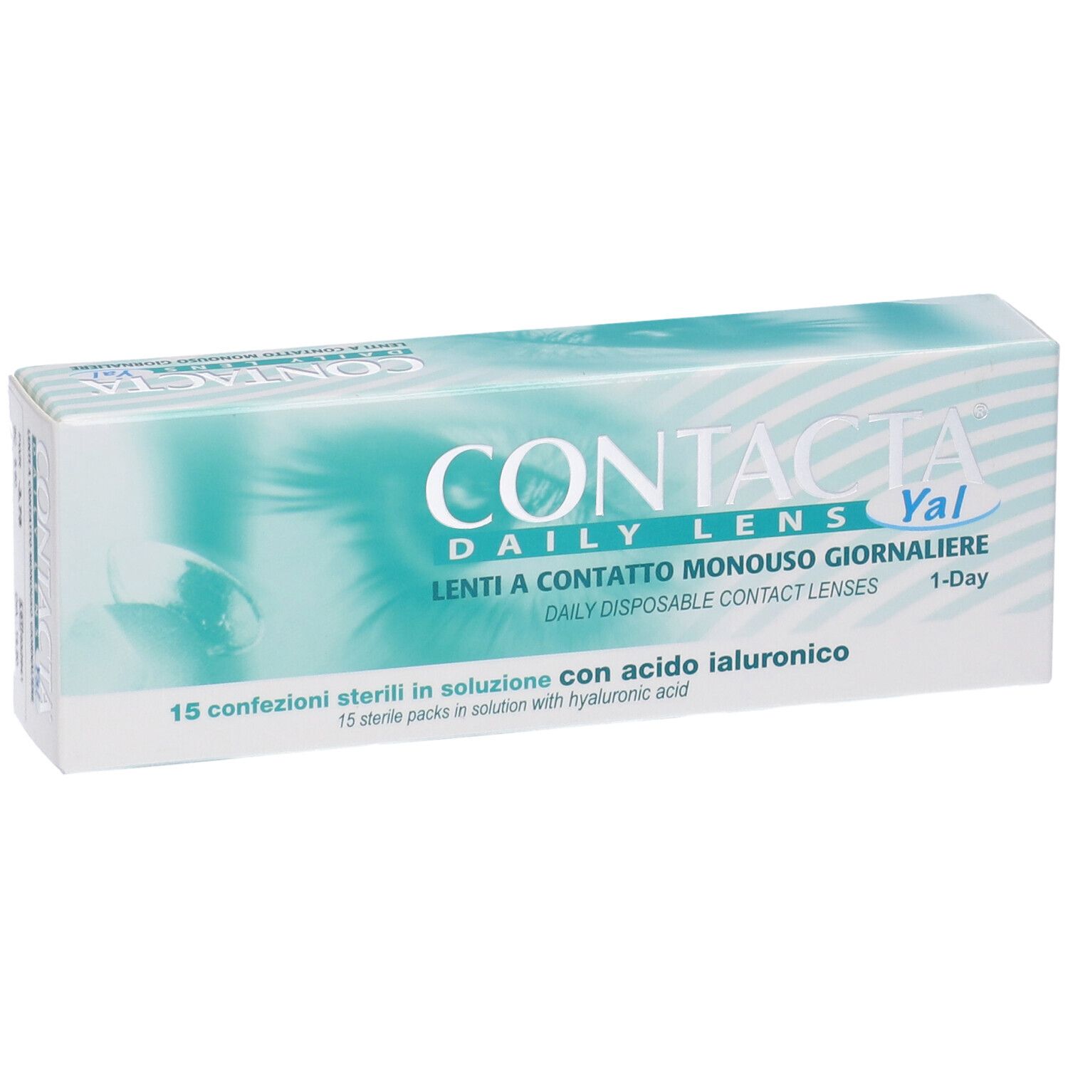 Confezione di lenti a contatto. Scritta: CONTACTA DAILY LENS Yal, Lenti a Contatto Monouso Giornaliere. 15 confezioni sterili con acido ialuronico.