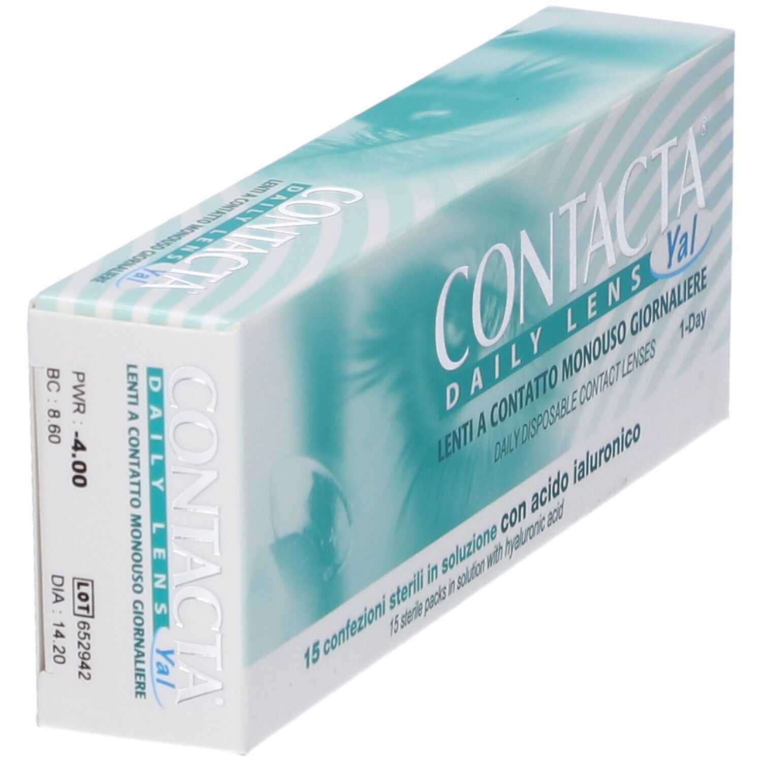 Confezione di lenti a contatto. Scritta: CONTACTA DAILY LENS Yal, Lenti a Contatto Monouso Giornaliera. 15 confezioni sterili.