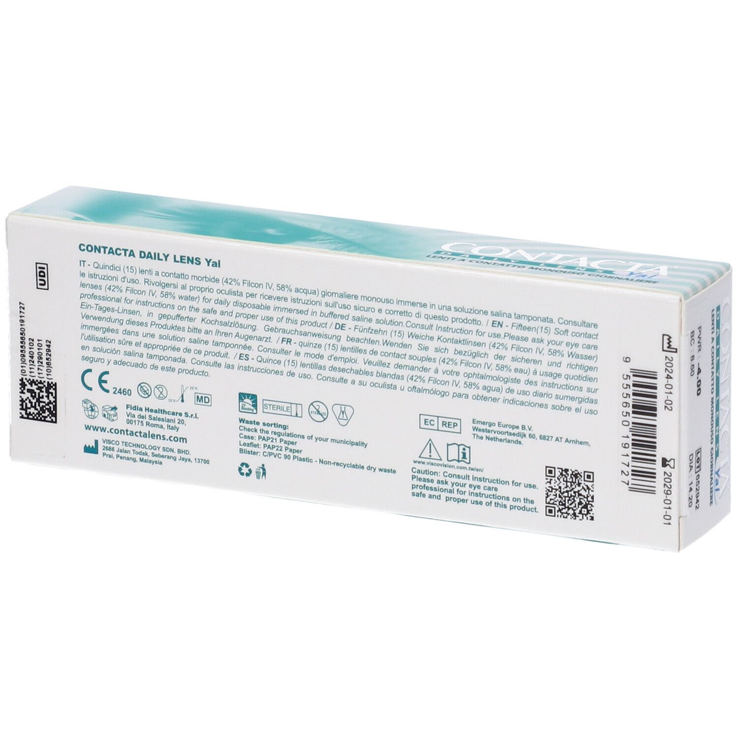 Retro della confezione di lenti a contatto. Testo multilingue. Marchio CE. Codice QR.