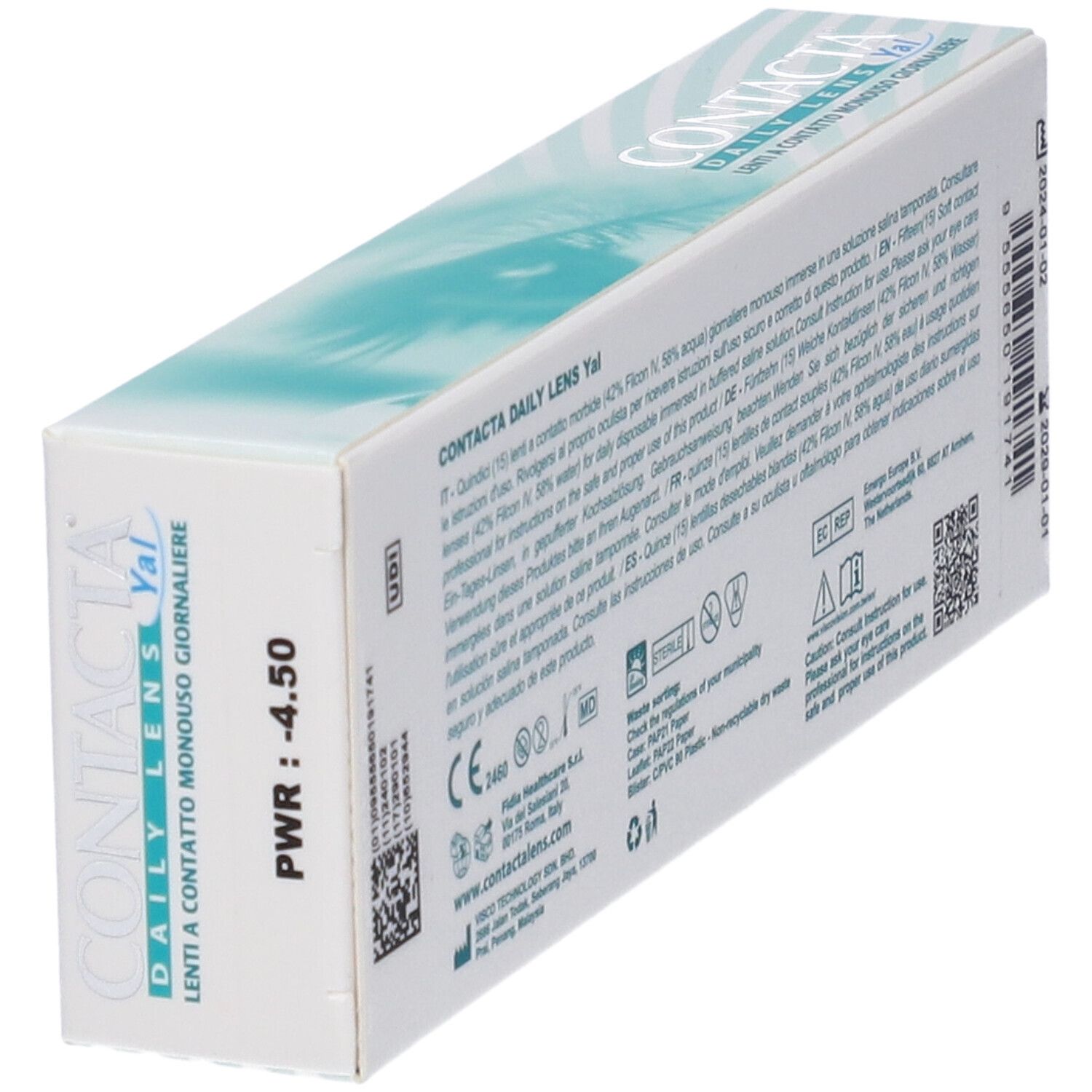 Confezione di lenti Contacta Daily Lens Yal. Diottria -4,50. Codice QR e marchio CE.