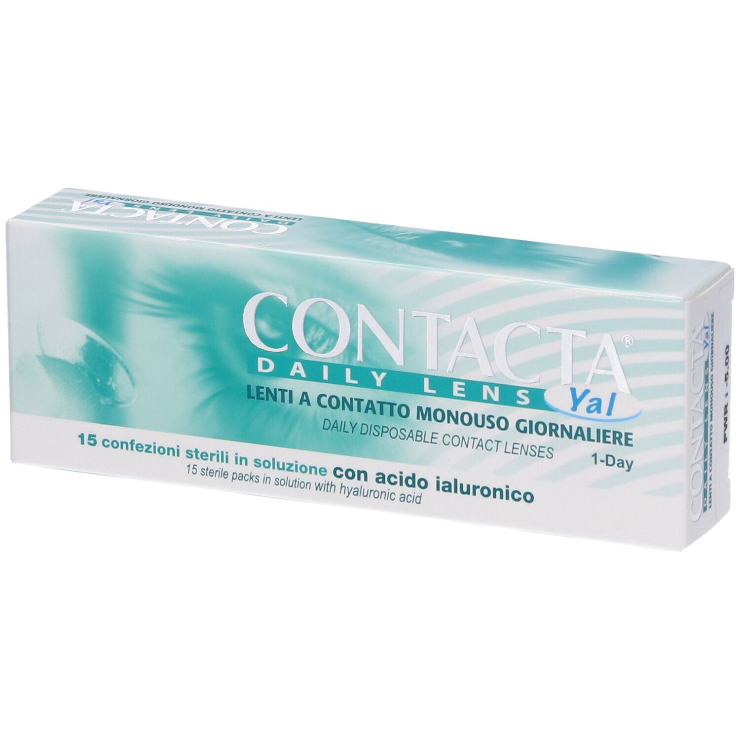 Confezione di lenti a contatto. Scritta: CONTACTA DAILY LENS Yal, Lenti a contatto monouso giornaliere. 15 pezzi.