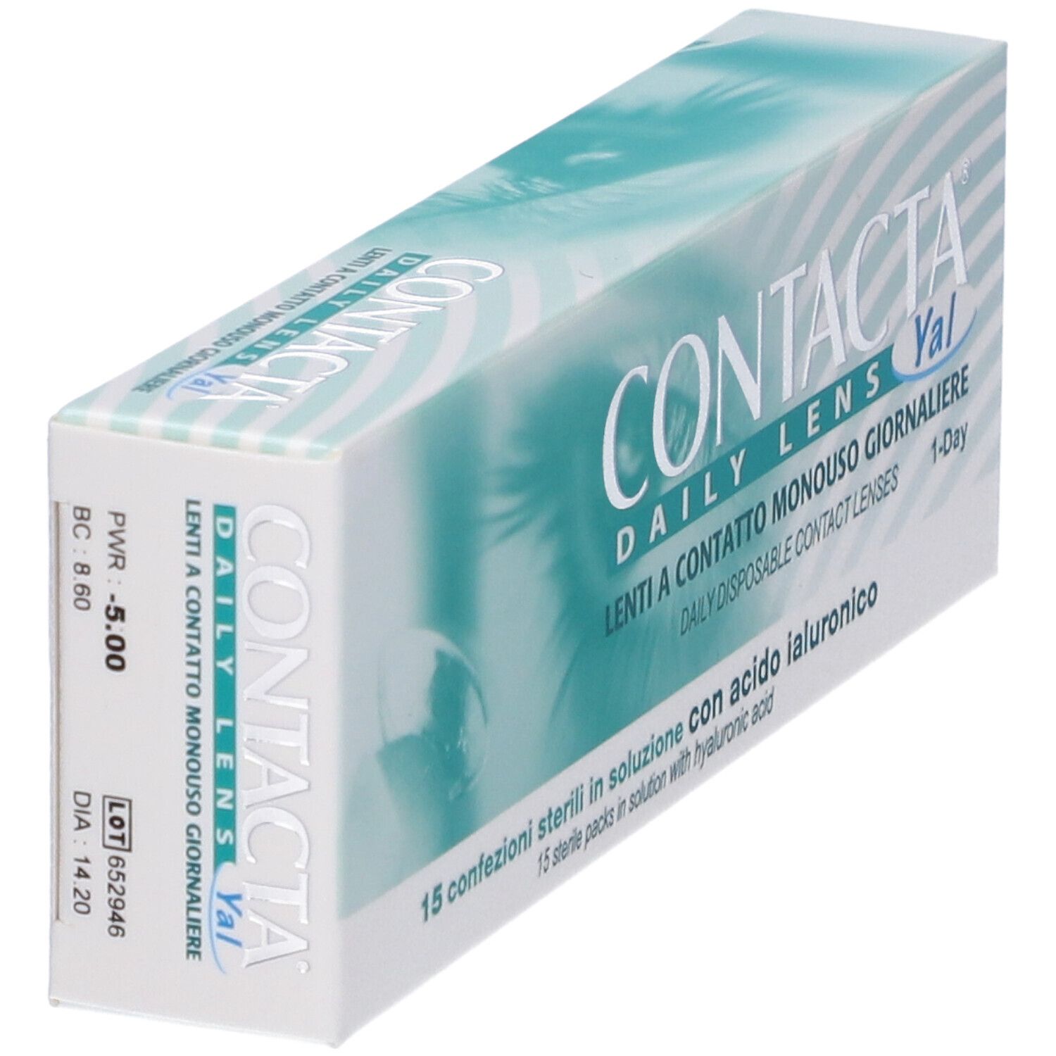 Confezione di lenti a contatto in diagonale. Scritta: CONTACTA DAILY LENS Yal, Lenti a contatto monouso giornaliere. Dettagli.