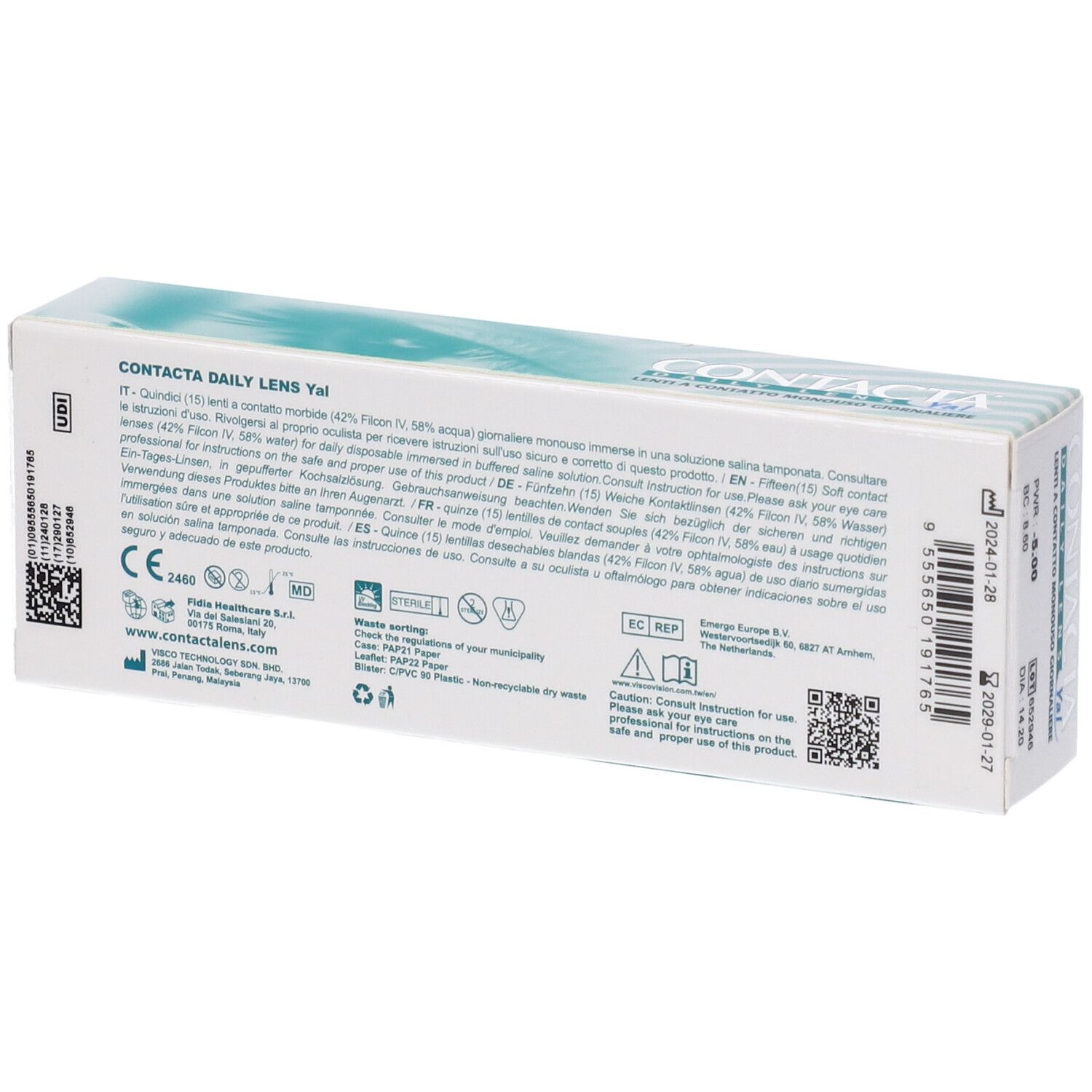 Retro della confezione di lenti a contatto. Testo e loghi. Informazioni su ingredienti, istruzioni per l'uso e produttore.