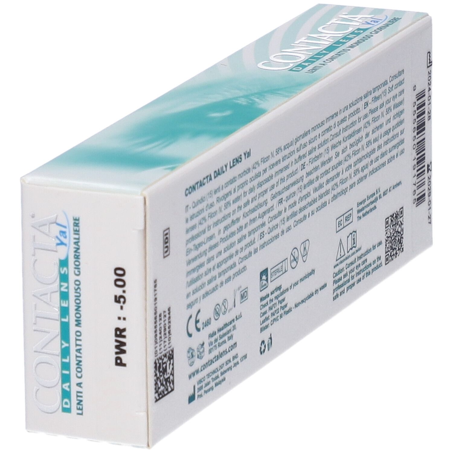 Confezione di lenti a contatto in diagonale. Scritta: CONTACTA DAILY LENS Yal, Lenti a contatto monouso giornaliere. Dettagli.