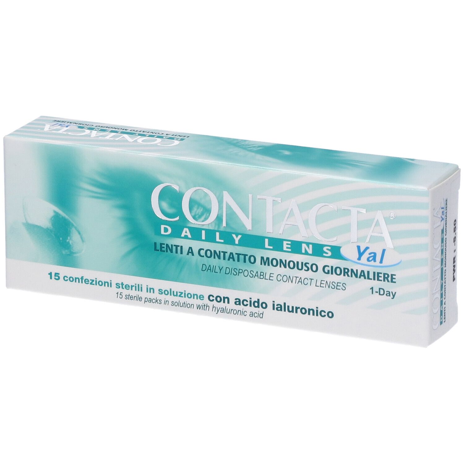 Confezione di lenti a contatto. Scritta CONTACTA DAILY LENS Yal. 15 confezioni sterili con acido ialuronico.
