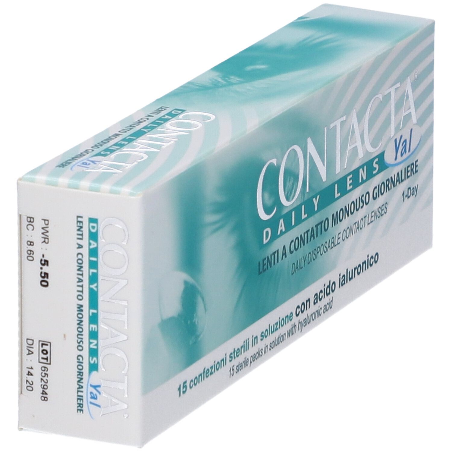 Confezione di lenti a contatto. Scritta CONTACTA DAILY LENS Yal. 15 confezioni sterili con acido ialuronico.