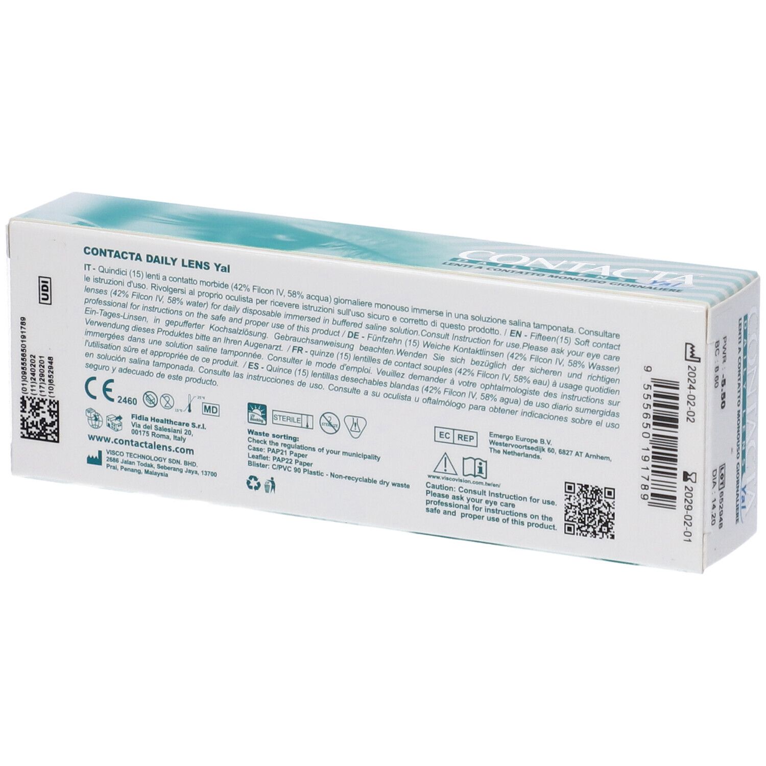 Confezione di lenti a contatto. Scritta CONTACTA DAILY LENS Yal. Retro con testo e loghi.