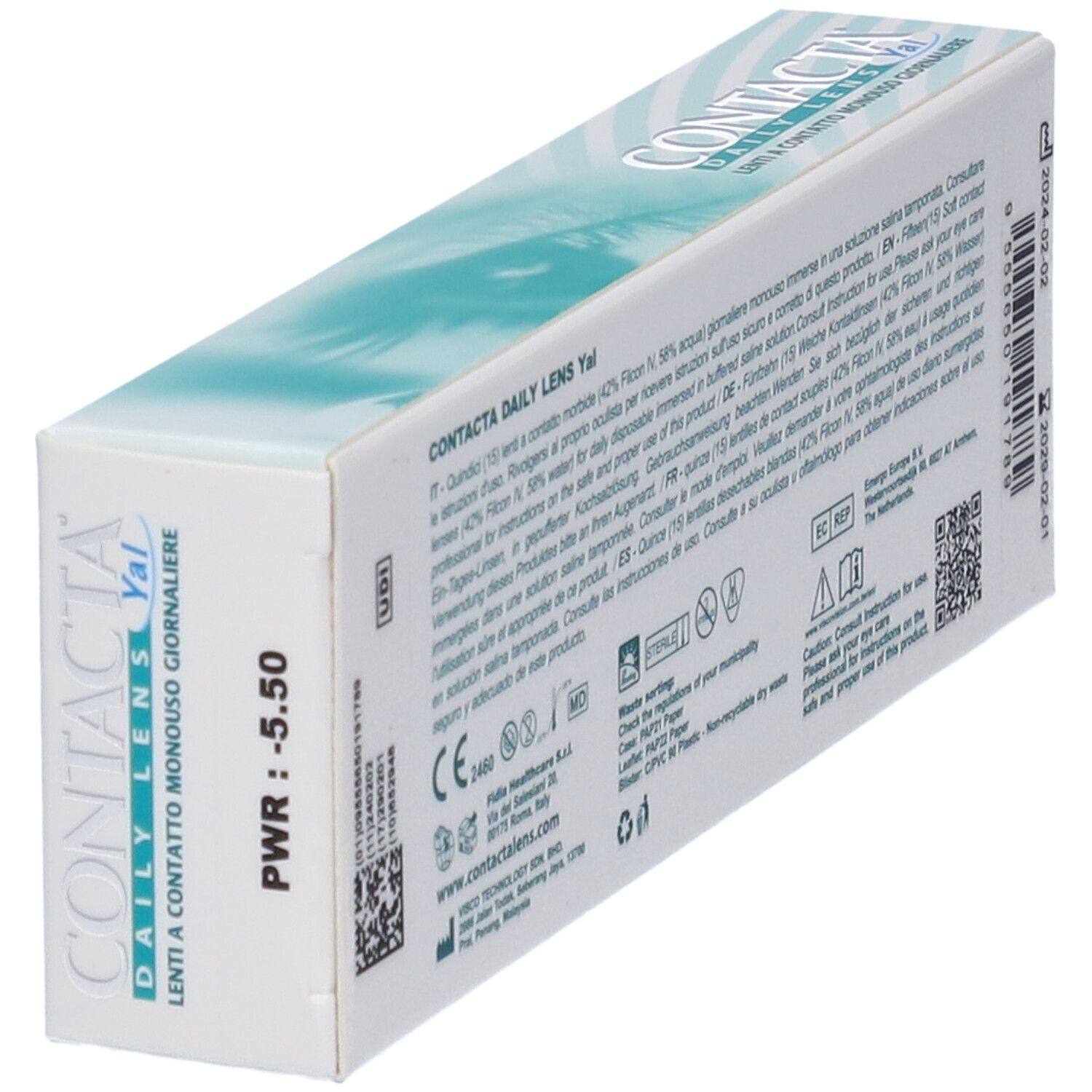 Confezione di lenti a contatto. Scritta CONTACTA DAILY LENS Yal. PWR: -5.50. Retro con testo.
