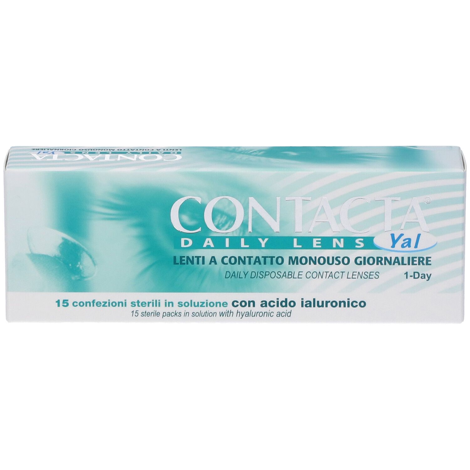 Confezione di lenti a contatto. Scritta CONTACTA DAILY LENS Yal. 15 confezioni sterili con acido ialuronico.