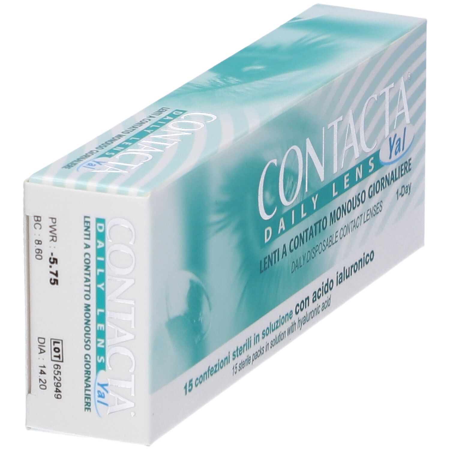 Confezione di lenti a contatto. Scritta: CONTACTA DAILY LENS Yal, Lenti a contatto monouso giornaliere. 15 confezioni sterili.