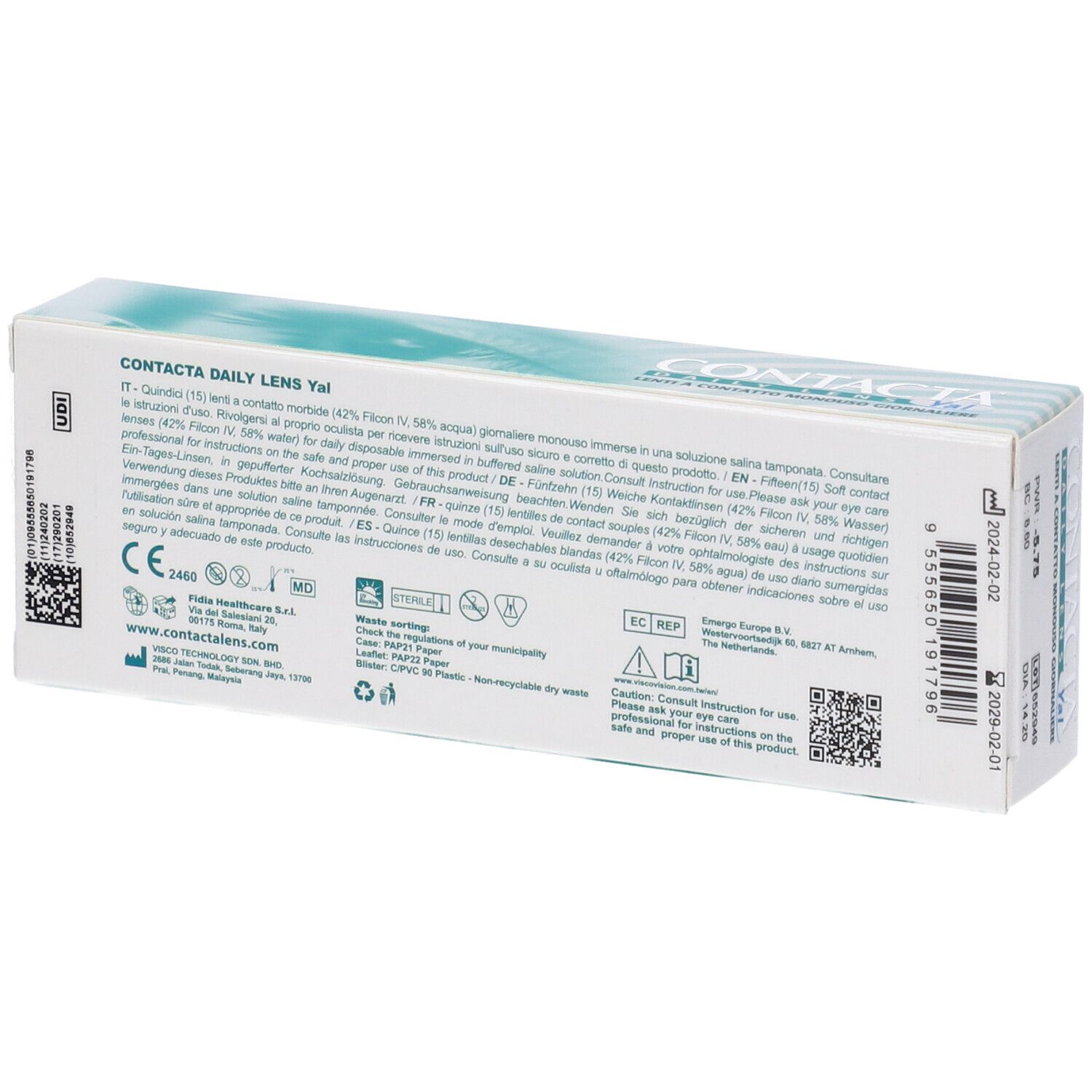 Confezione di lenti a contatto. Scritta: CONTACTA DAILY LENS Yal, Lenti a contatto monouso giornaliere. Retro con testo e loghi.