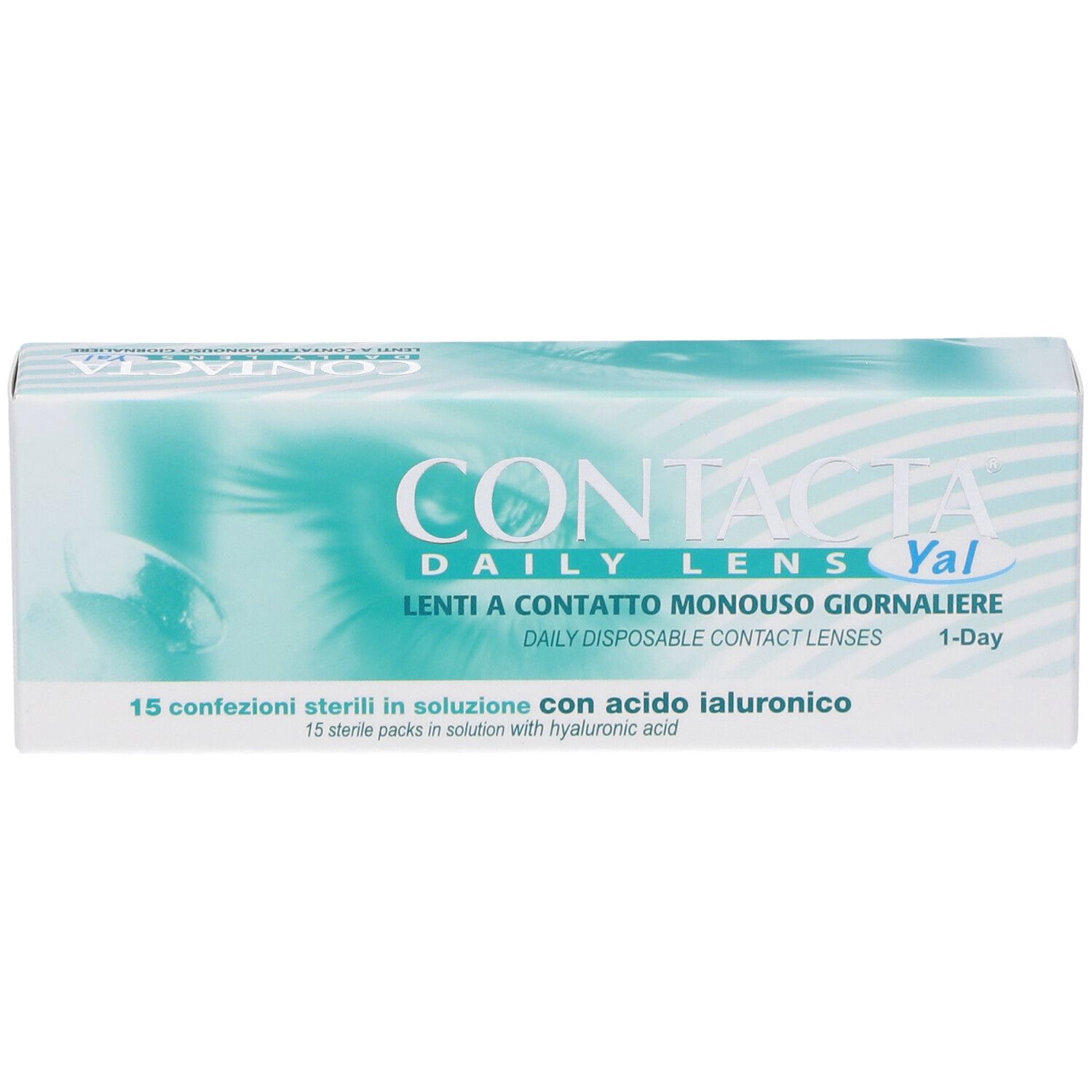 Confezione di lenti a contatto. Scritta: CONTACTA DAILY LENS Yal, Lenti a contatto monouso giornaliere. 15 confezioni sterili.