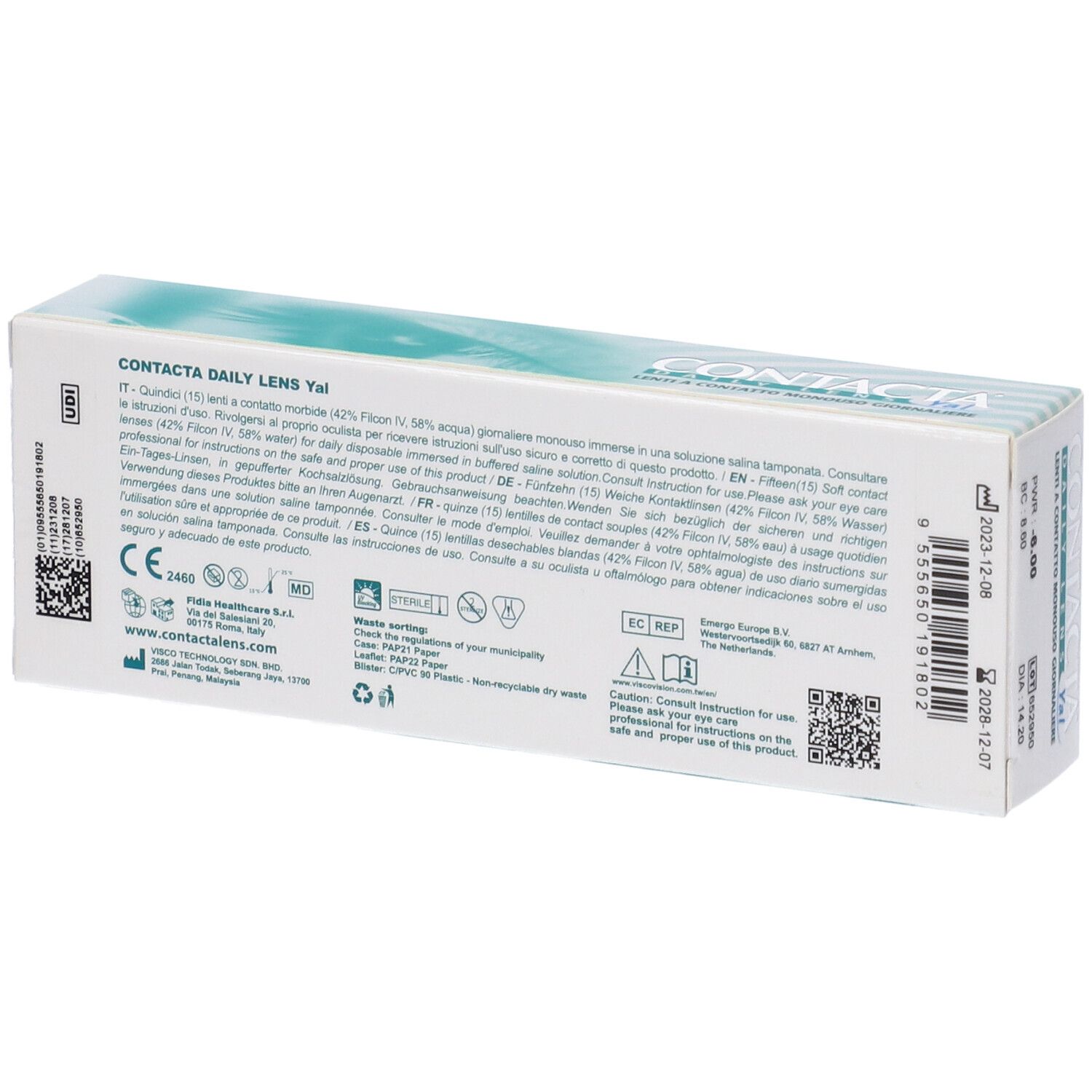 Retro della confezione lenti a contatto. Contacta Daily Lens Yal. Informazioni, simboli, codice QR.