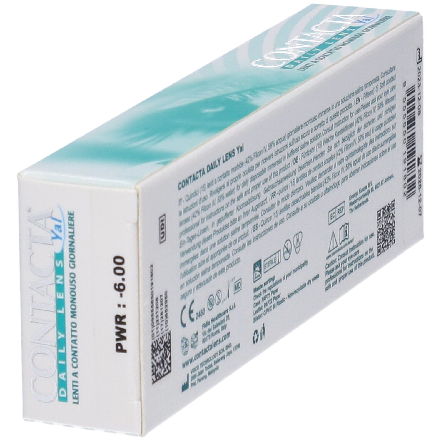 Confezione lenti a contatto. Contacta Daily Lens Yal. -6,00 diottrie. Informazioni, simboli, codice QR.
