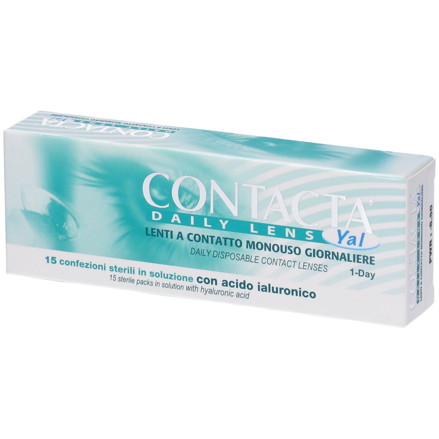Confezione di lenti a contatto. Scritta: CONTACTA DAILY LENS Yal, Lenti a Contatto Monouso Giornaliere. 15 confezioni sterili con acido ialuronico.