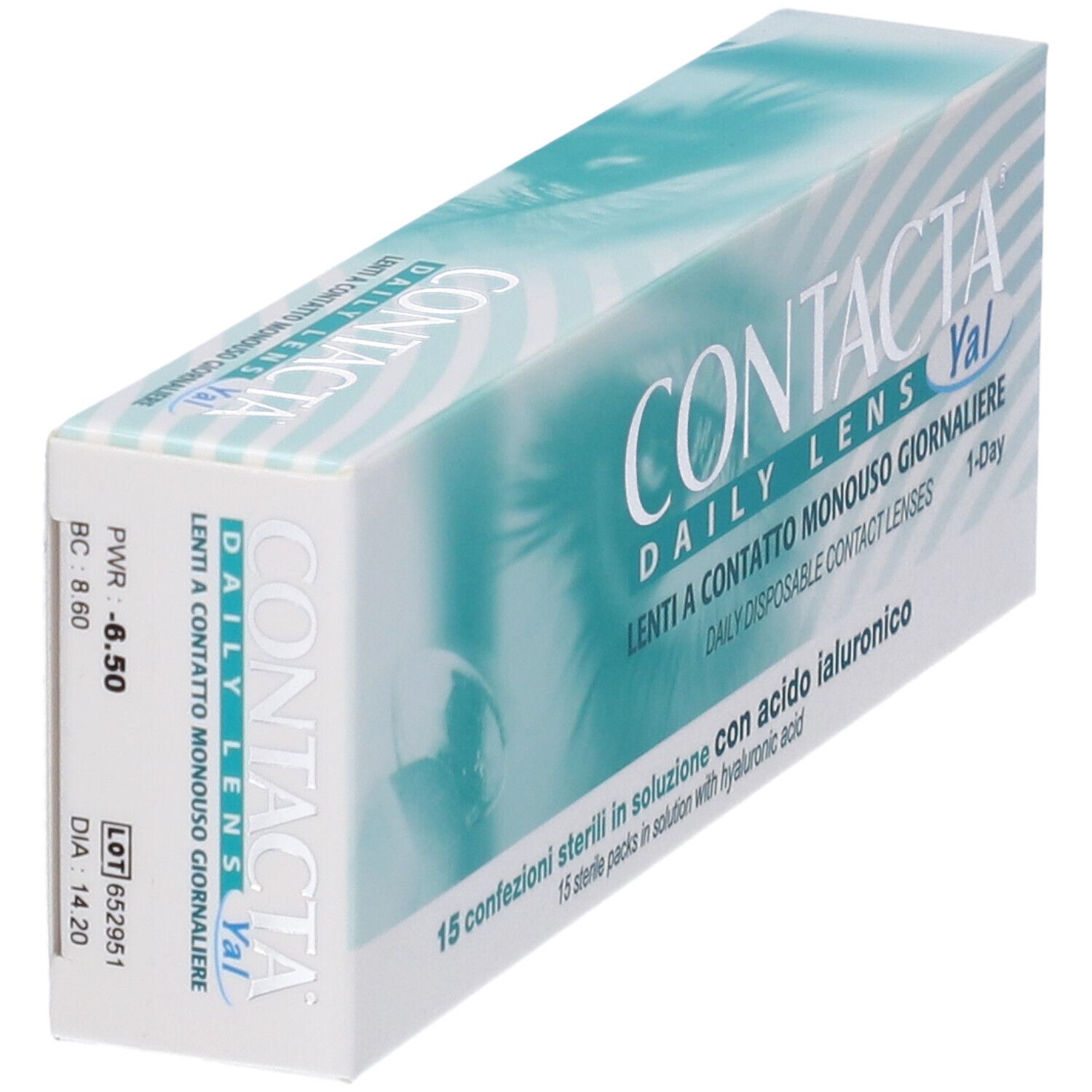 Confezione di lenti a contatto. Scritta: CONTACTA DAILY LENS Yal, Lenti a Contatto Monouso Giornaliere. 15 confezioni sterili con acido ialuronico.