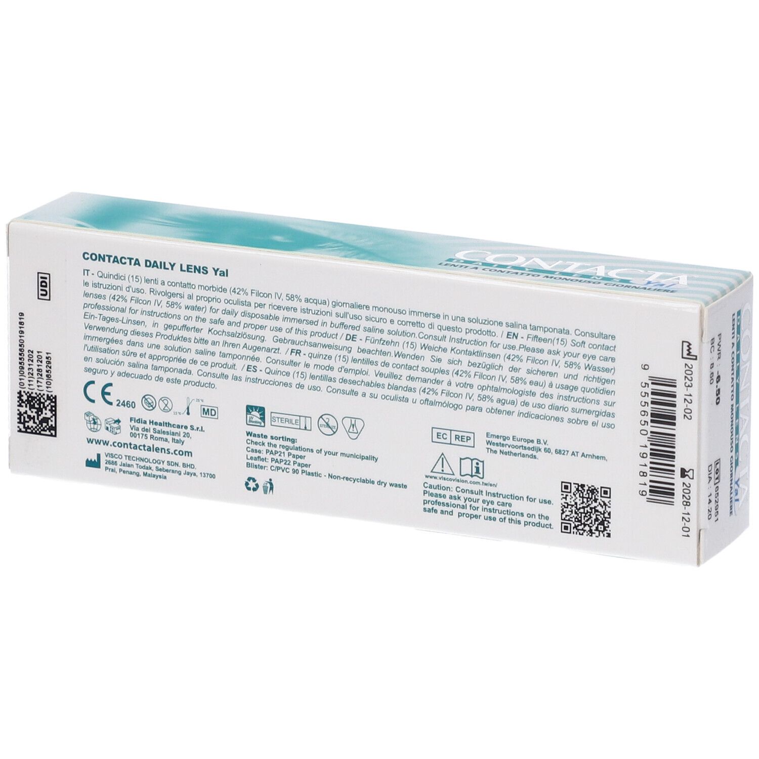 Retro della confezione di lenti a contatto. Testo, codice QR, marchio CE, istruzioni per l'uso e ingredienti.