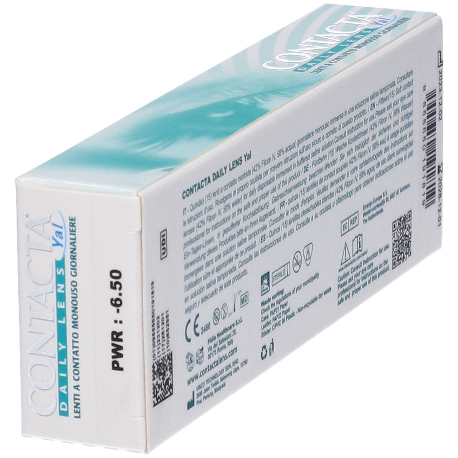 Vista obliqua della confezione di lenti a contatto. Scritta: CONTACTA DAILY LENS Yal, Lenti a Contatto Monouso Giornaliere. PWR -6.50.