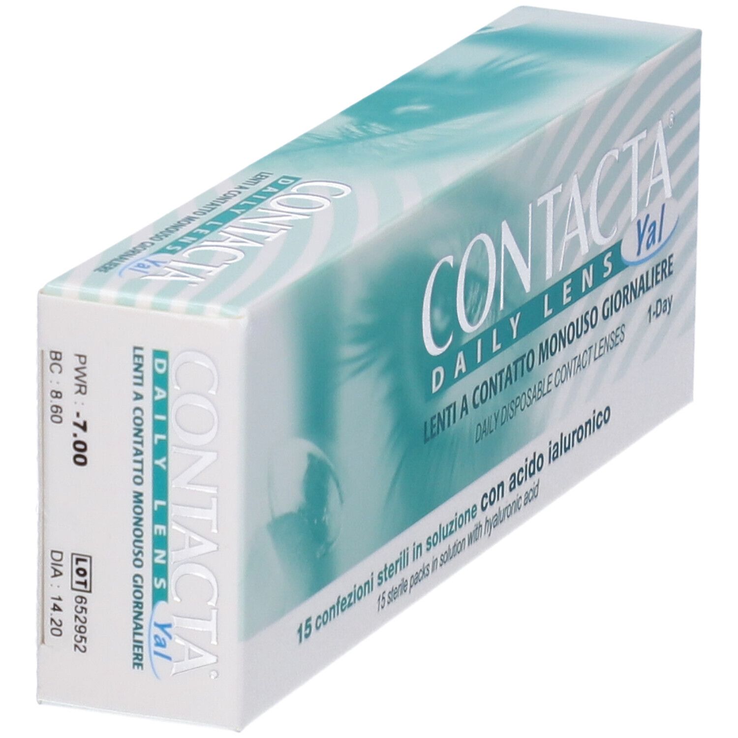 Confezione di lenti a contatto in diagonale. Scritta CONTACTA DAILY LENS Yal, Lenti a Contatto Monouso Giornaliere. Dettagli.