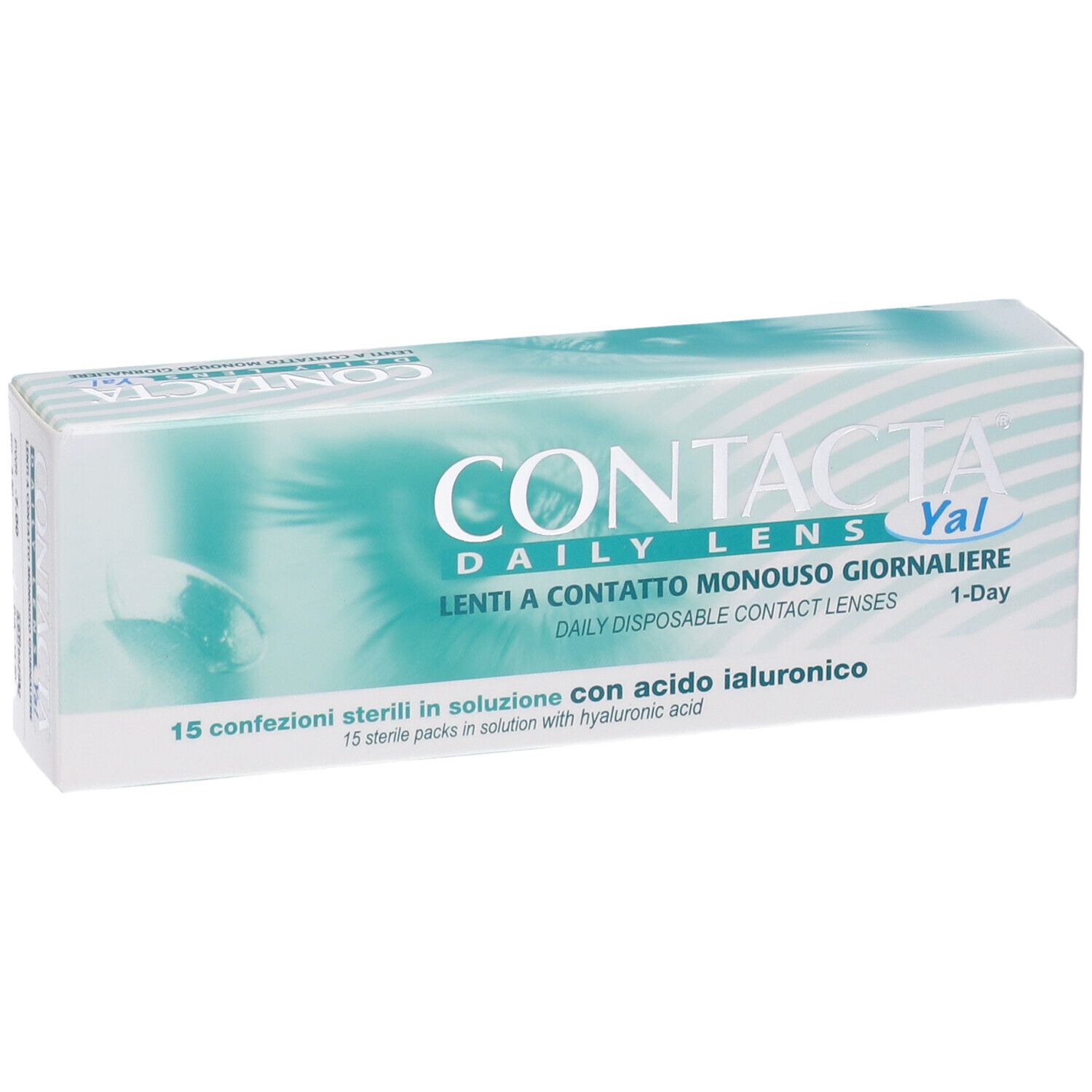 Confezione di lenti a contatto. Scritta CONTACTA DAILY LENS Yal, Lenti a Contatto Monouso Giornaliere. 15 confezioni sterili.