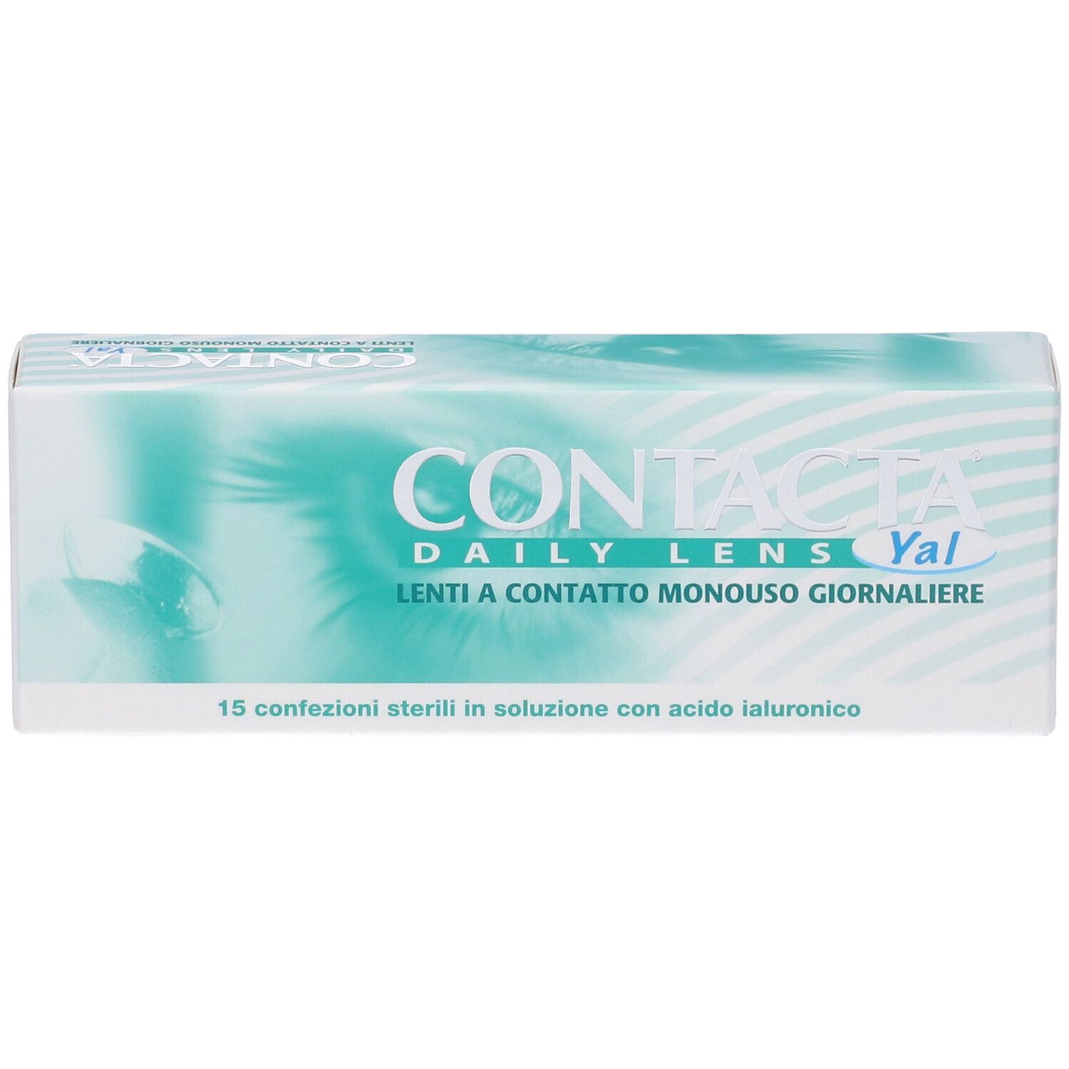 Confezione di lenti a contatto. Scritta: CONTACTA DAILY LENS Yal. 15 confezioni sterili.