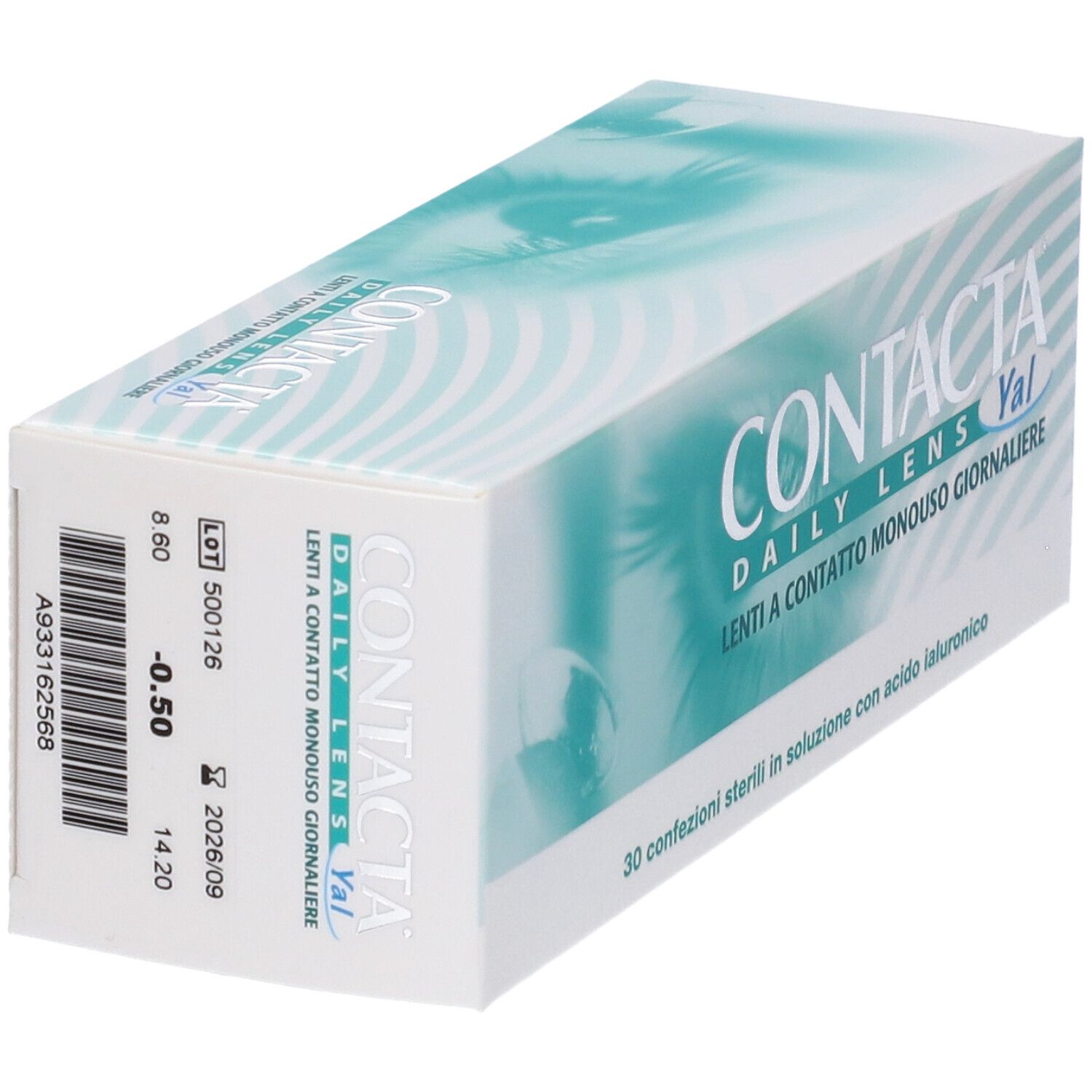 Confezione di lenti CONTACTA DAILY LENS. -0,50. Codice a barre e numero di lotto.