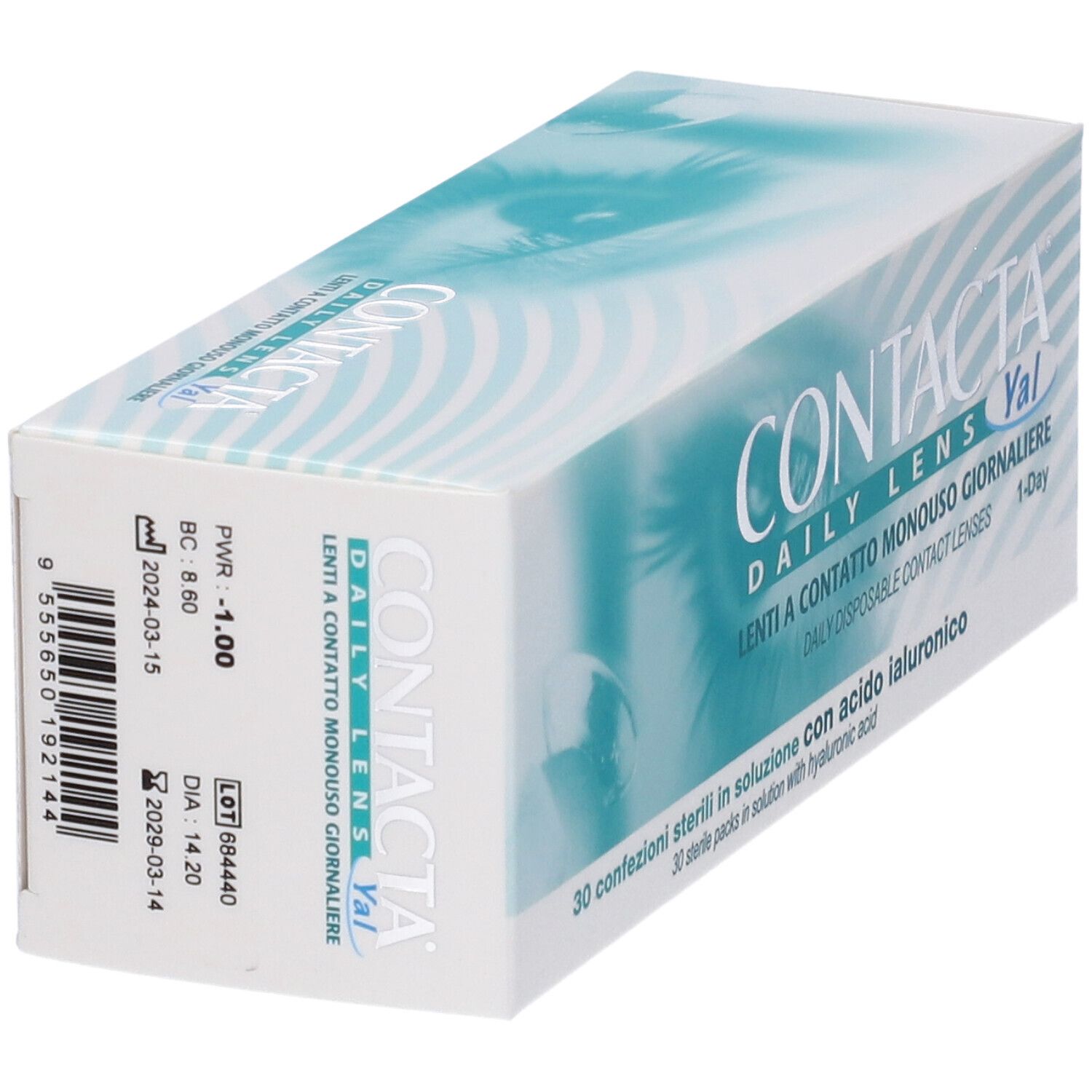 Scatola bianca con grafica blu e testo. Scritta: CONTACTA DAILY LENS. Contiene 30 confezioni sterili con acido ialuronico. Informazioni stampate.