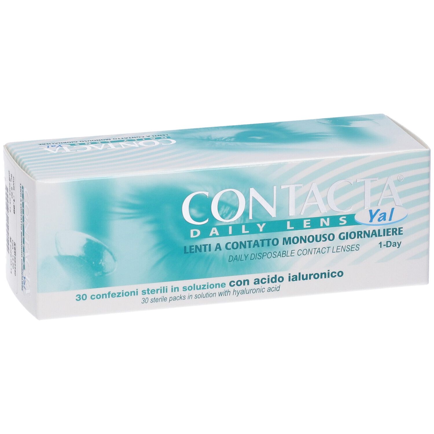 Scatola bianca con grafica blu e testo. Scritta: CONTACTA DAILY LENS. Contiene 30 confezioni sterili con acido ialuronico.