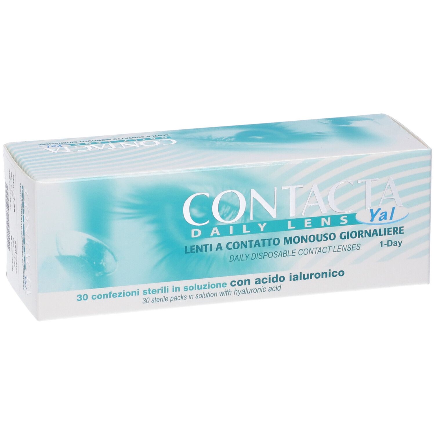 Confezione bianca e blu con nome e testo del prodotto. Contiene 30 lenti a contatto sterili in soluzione con acido ialuronico.