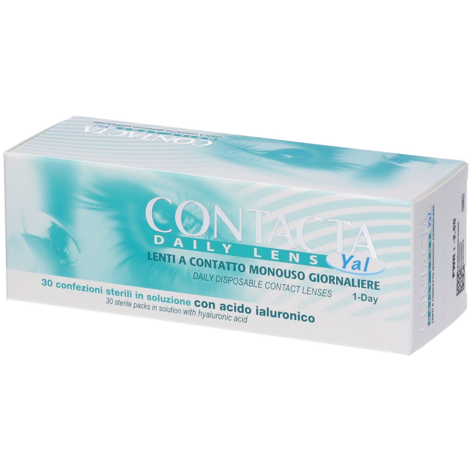 Confezione di lenti a contatto. Scritta: CONTACTA Daily Lens Yal. 30 confezioni sterili con acido ialuronico.
