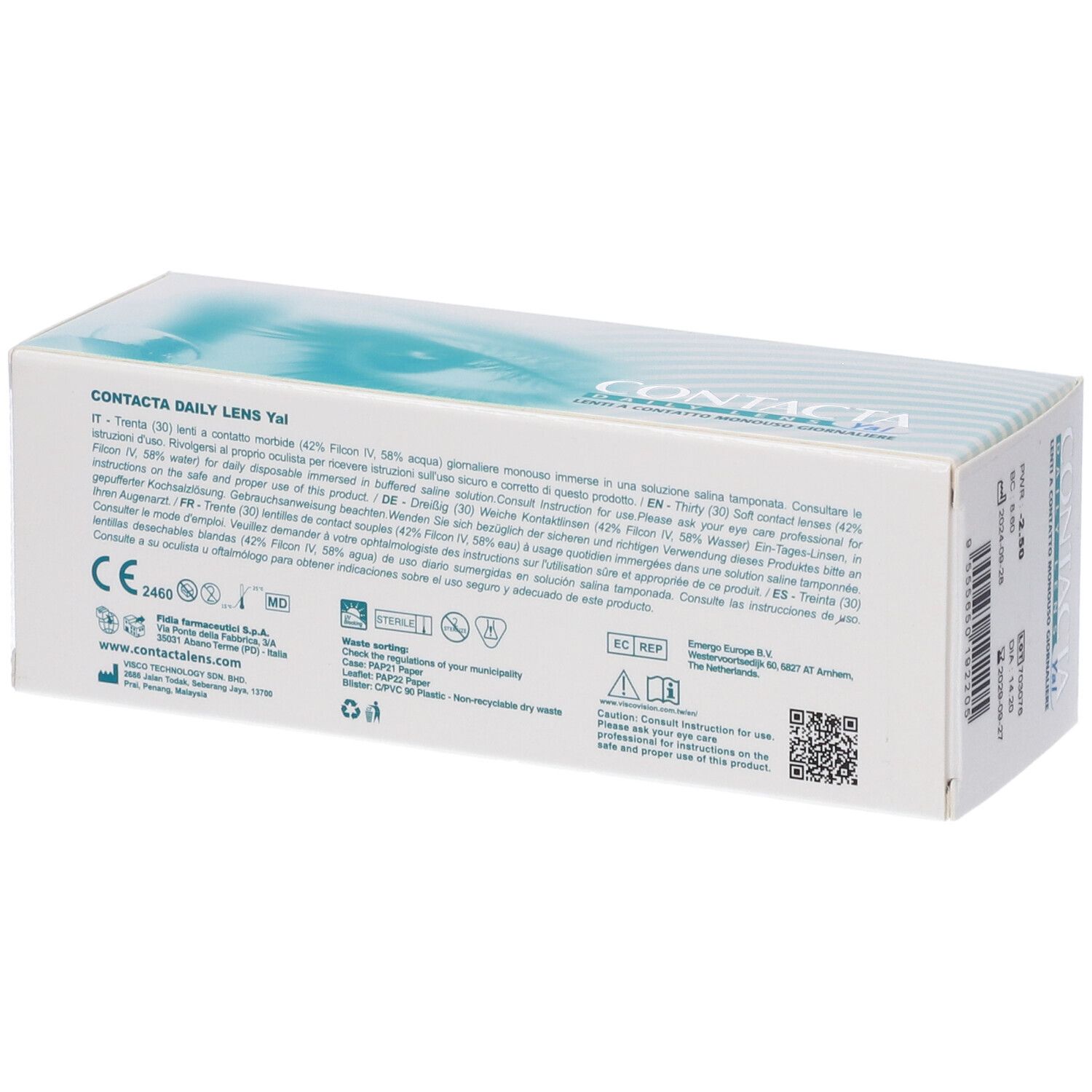 Confezione di lenti a contatto. Scritta: CONTACTA Daily Lens Yal. Dettagli: PWR -2.50, BC 8.60, DIA 14.20.