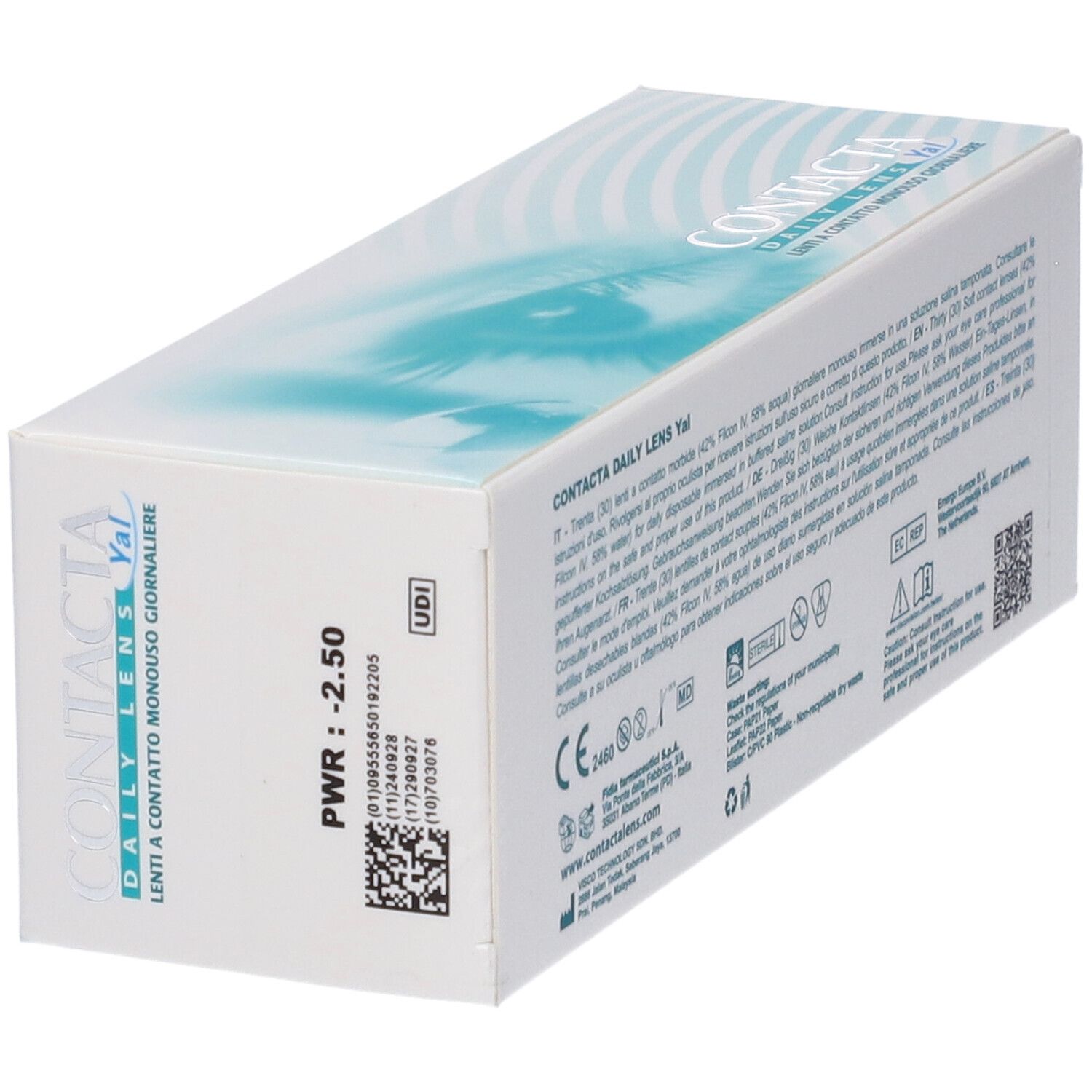 Confezione di lenti a contatto. Scritta: CONTACTA Daily Lens Yal. Dettagli: PWR -2.50, codice UDI, codice QR.