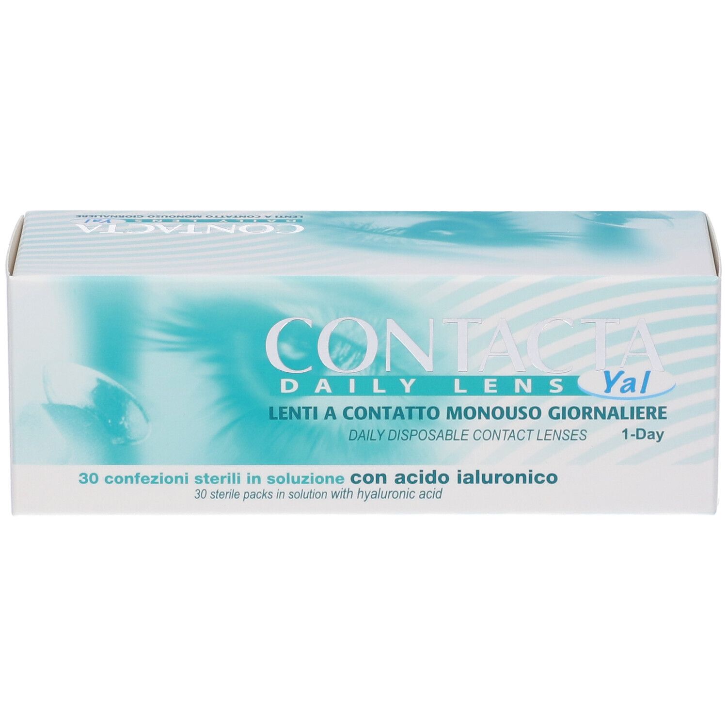 Confezione di lenti a contatto. Scritta: CONTACTA Daily Lens Yal. 30 confezioni sterili con acido ialuronico.