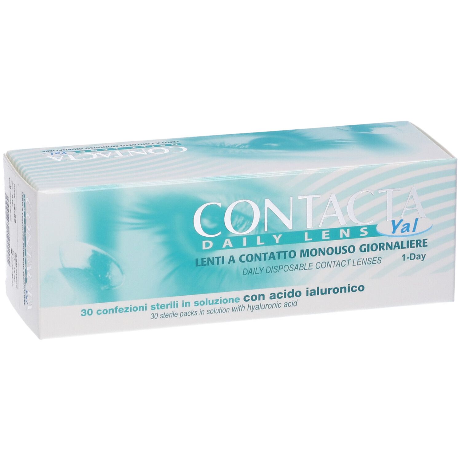 Confezione di lenti a contatto. Scritta: CONTACTA Daily Lens Yal. 30 confezioni sterili con acido ialuronico.