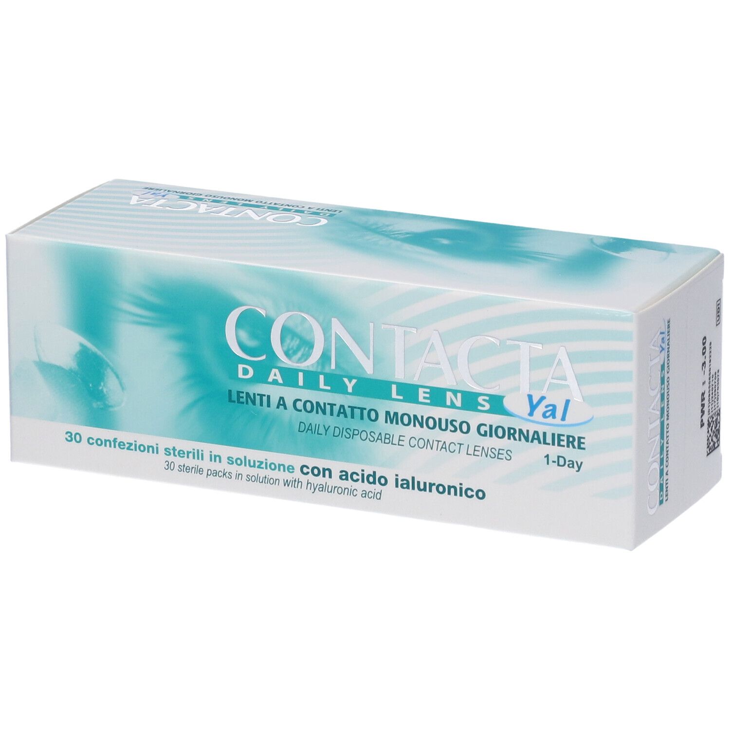 Confezione di lenti a contatto. Scritta: CONTACTA Daily Lens Yal, Lenti a contatto monouso giornaliere. 30 pezzi.