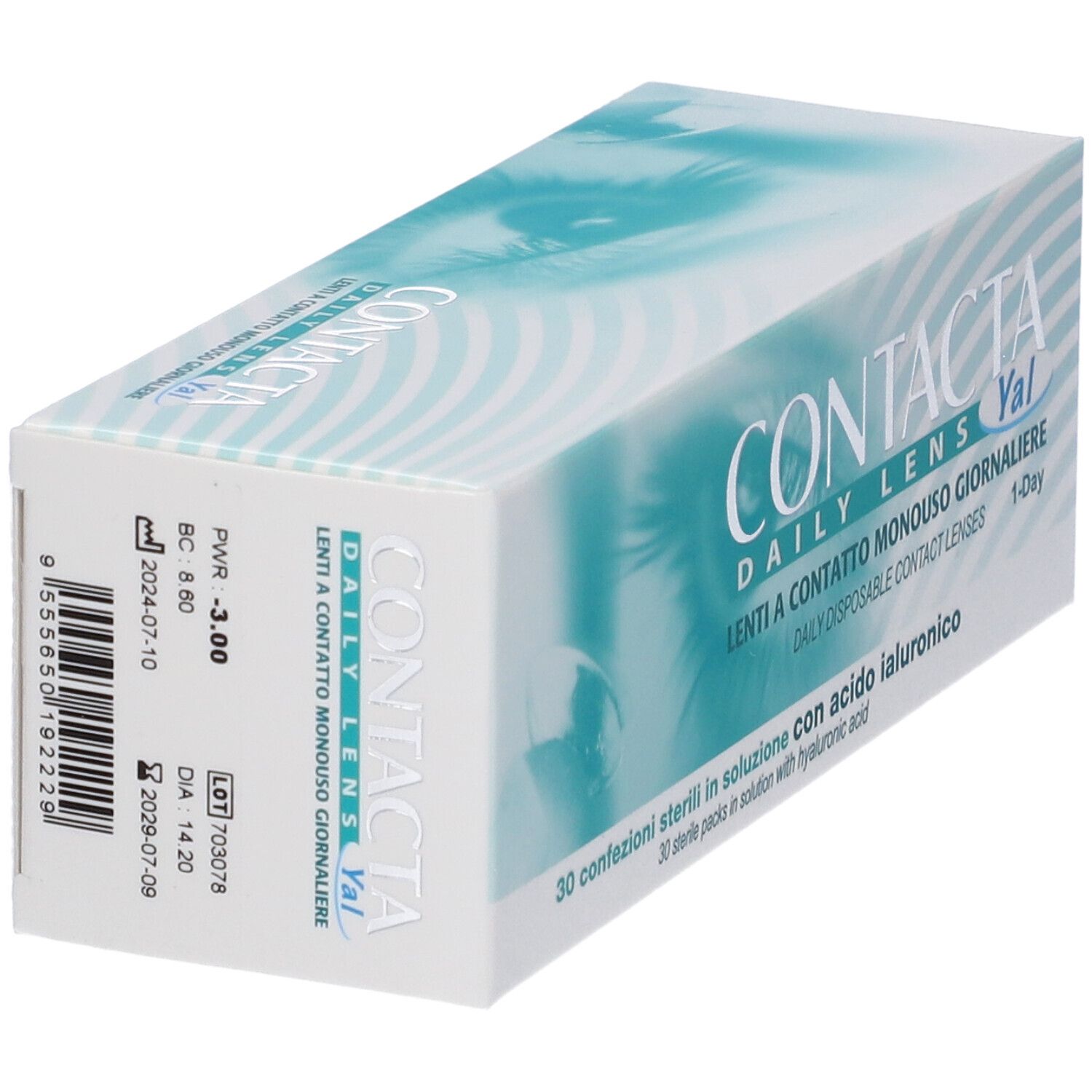 Confezione di lenti a contatto. Scritta: CONTACTA Daily Lens Yal, Lenti a contatto monouso giornaliere. 30 pezzi.